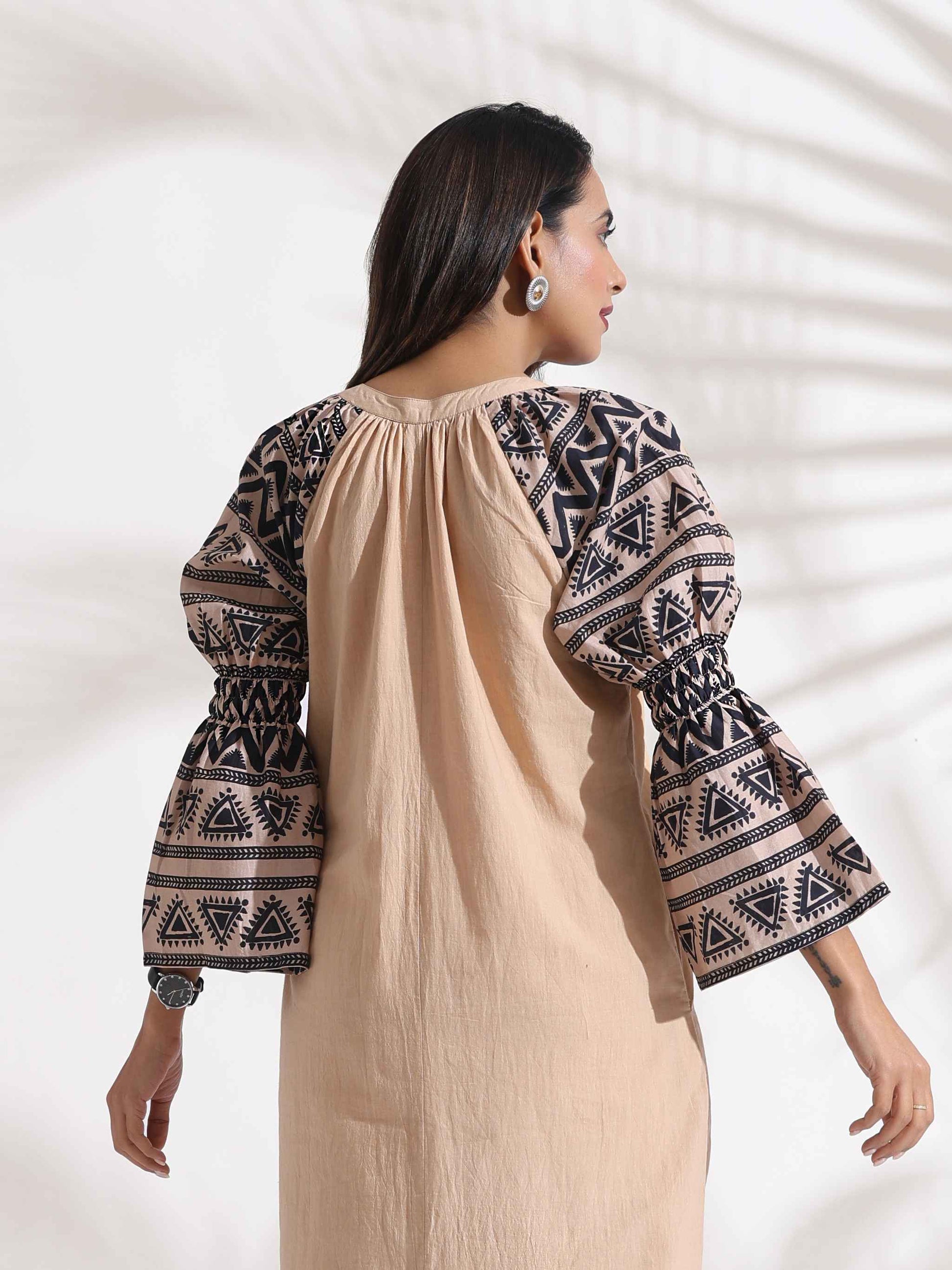trueBrowns Beige Cotton Print Long Dress | Swadesiicart