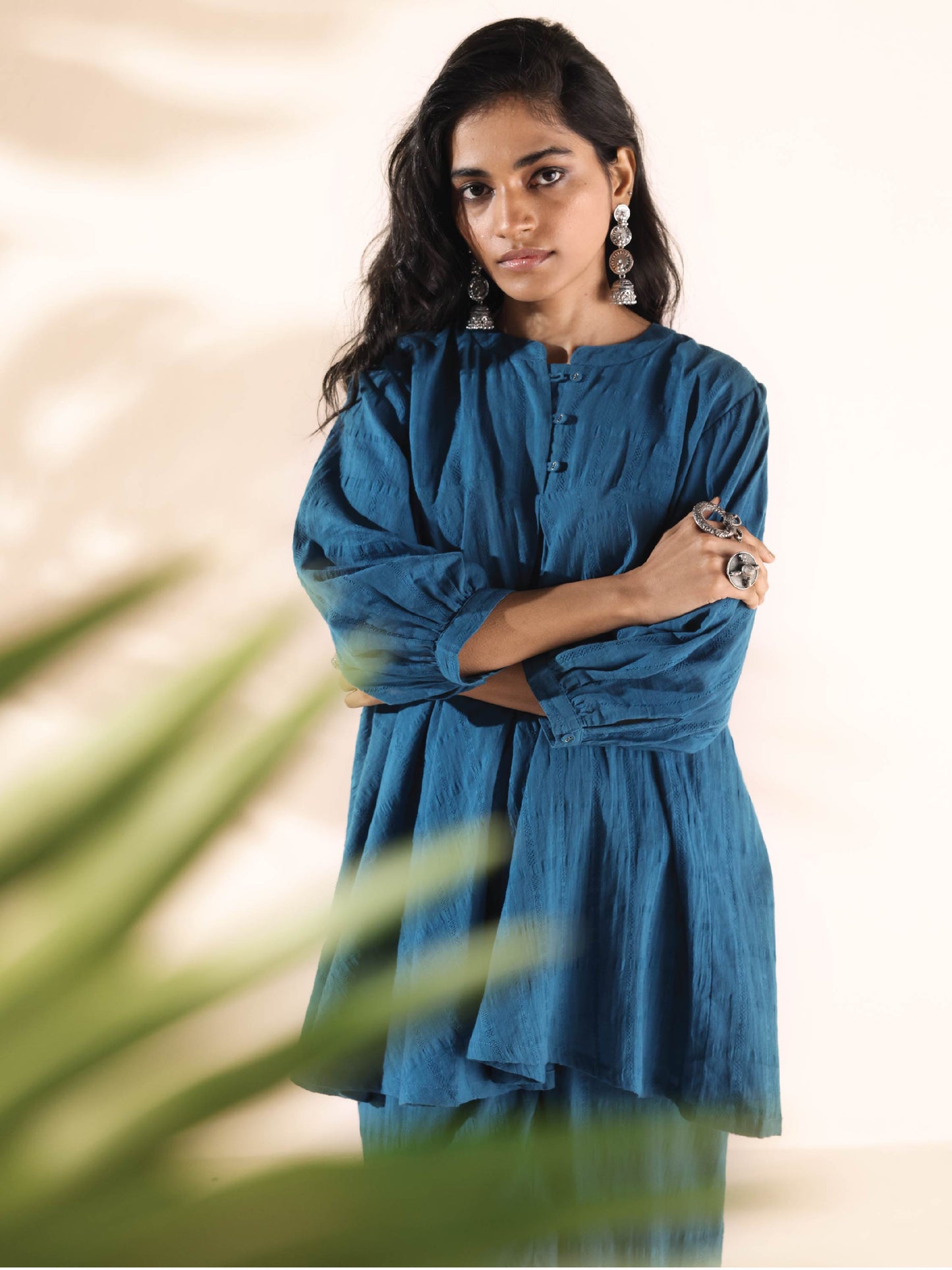 trueBrowns Blue Cotton Dobby Yoke Co-ord Set - Swadesiicart
