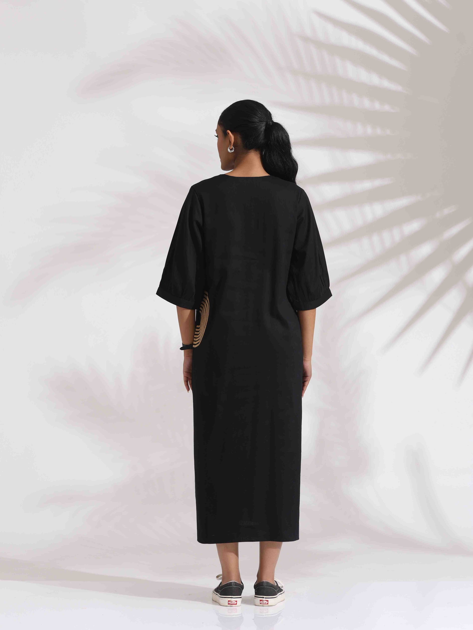 trueBrowns Black Cotton Embroidered Dress | Swadesiicart