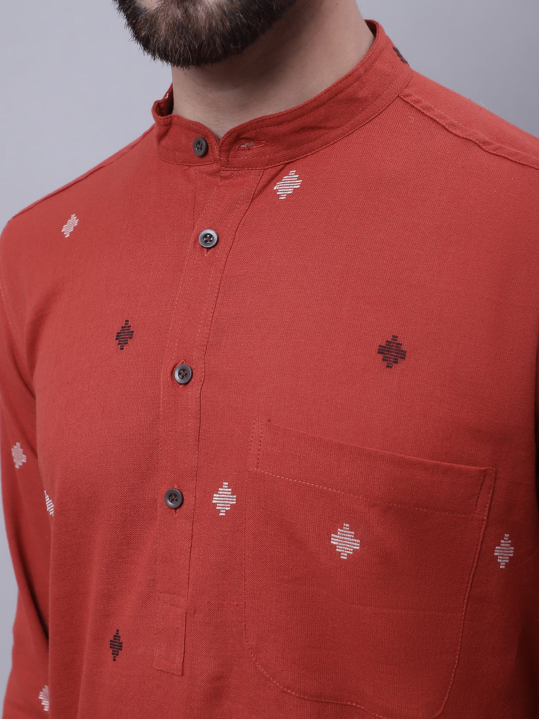 Even Apparels Rust Pure Cotton Kurta With Band Collar | Swadesiicart