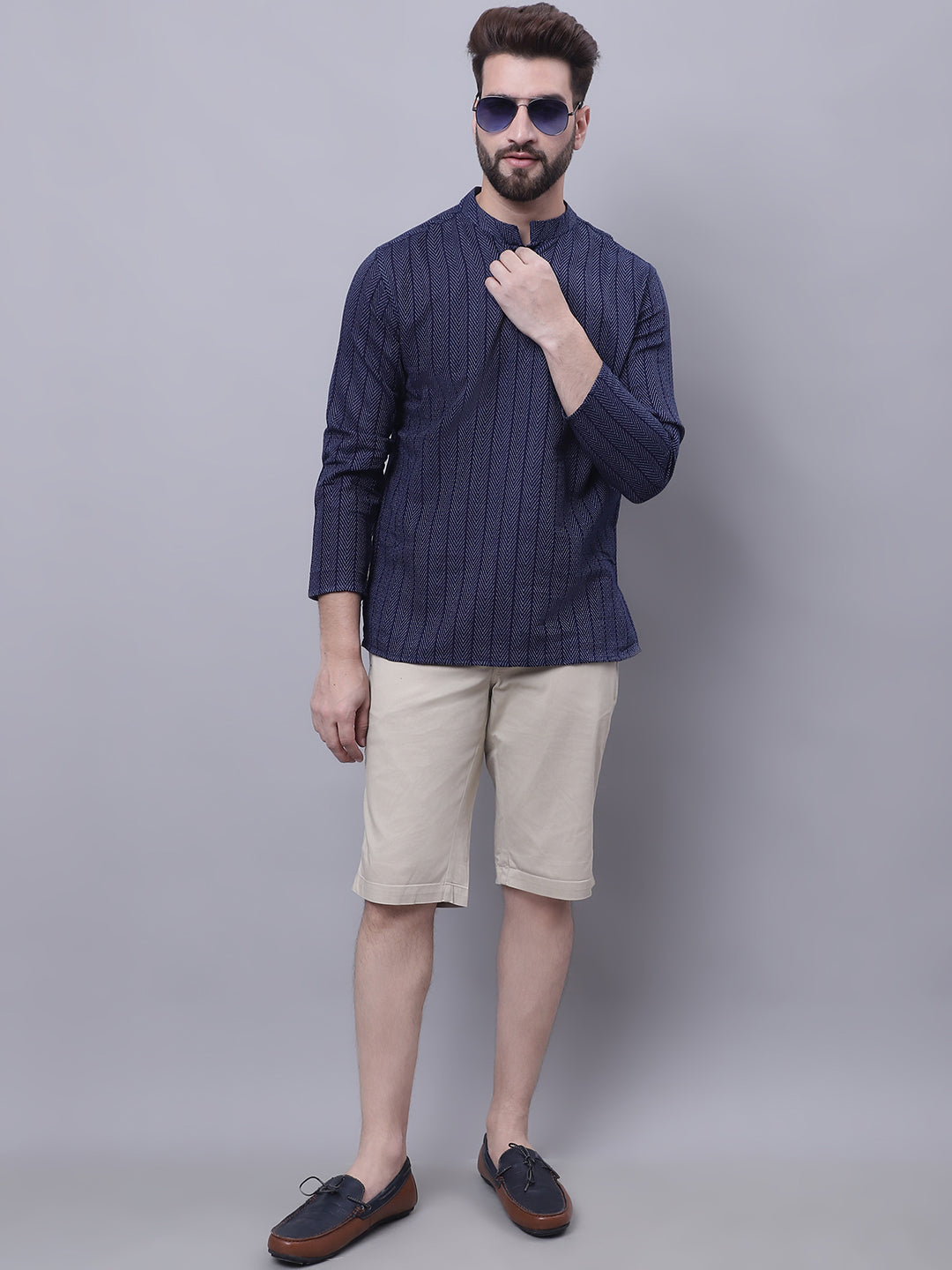 Indian Clothing Even Apparels Blue Pure Cotton Short Kurta With Band Collar | Swadesiicart