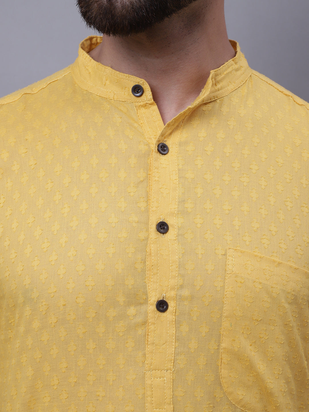 Even Apparels Yellow Pure Cotton Short Sleeves Kurta With Band Collar | Swadesiicart