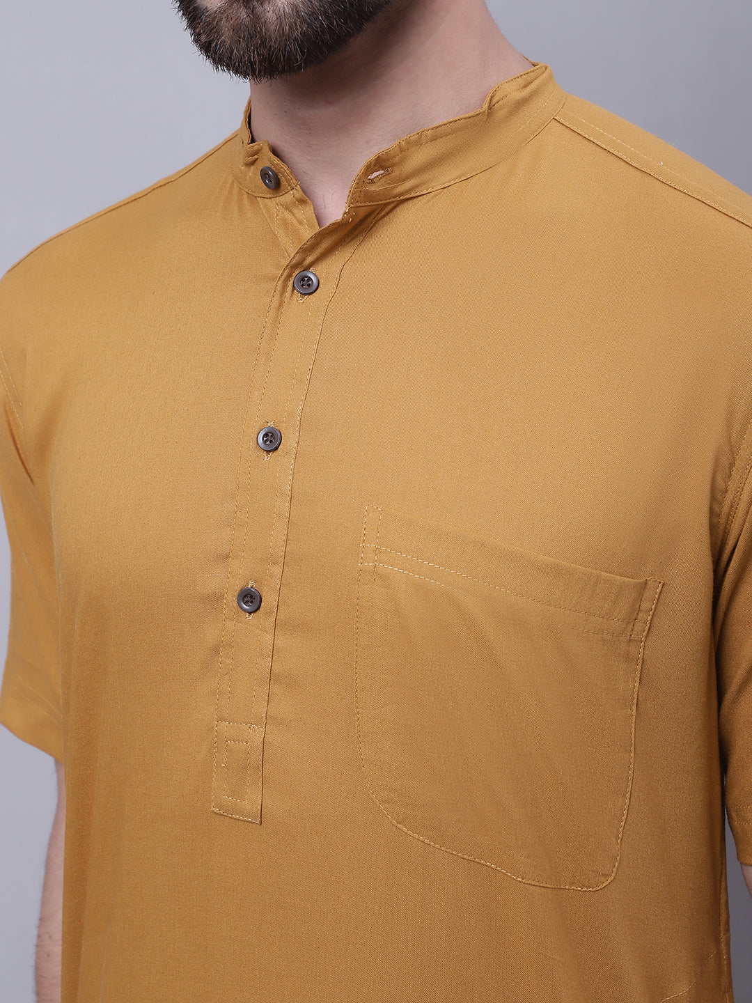 Even Apparels Mustard Pure Cotton Short Sleeves Kurta With Band Collar | Swadesiicart