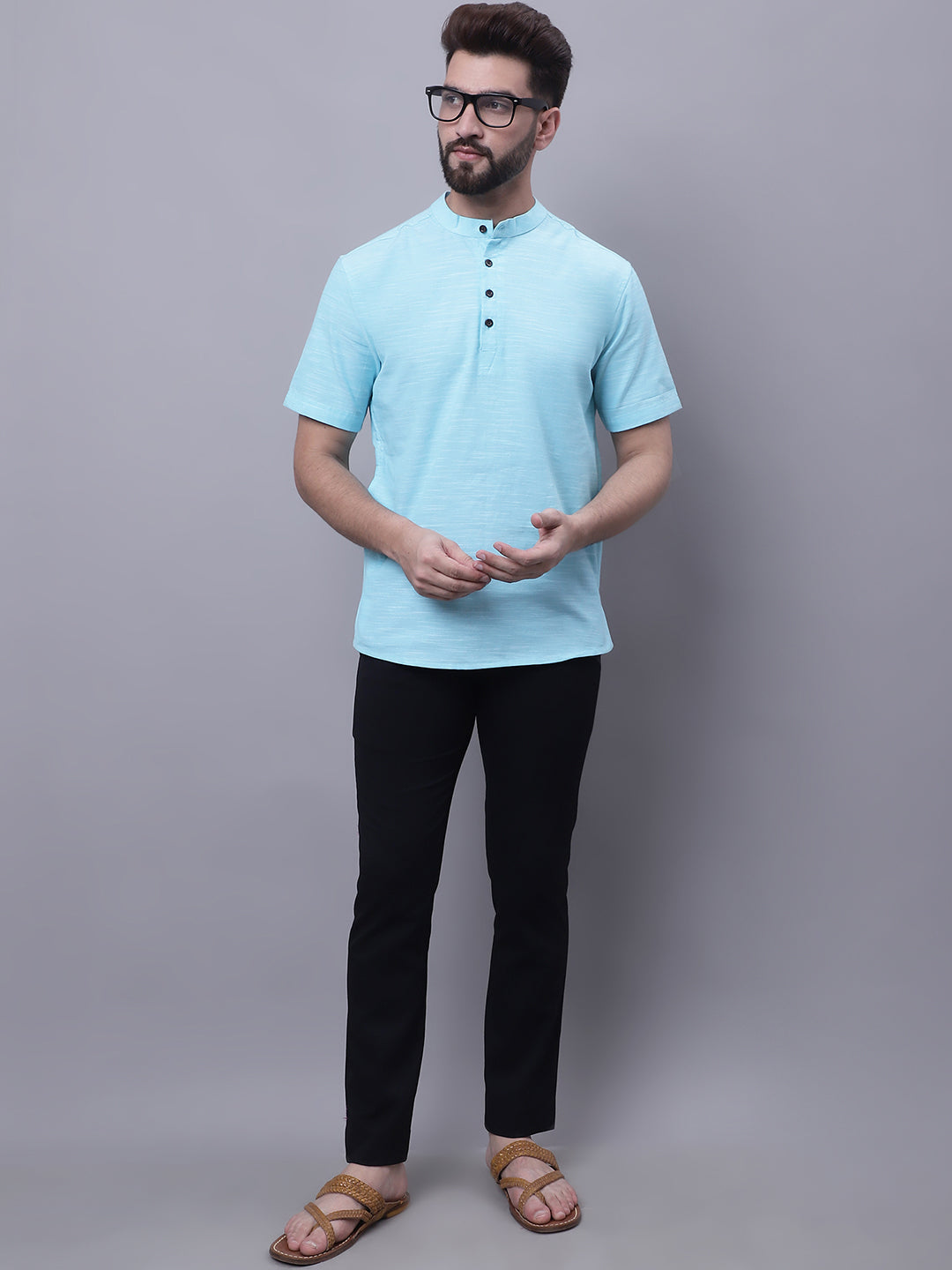 Even Apparels Blue Pure Cotton Short Kurta With Band Collar | Swadesiicart