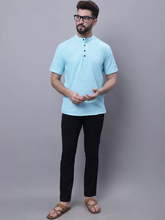 Even Apparels Blue Pure Cotton Short Kurta With Band Collar | Swadesiicart