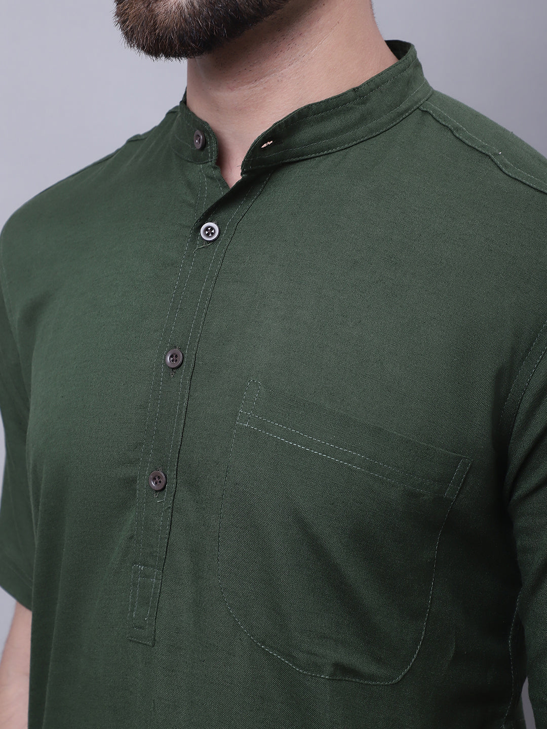 Even Apparels Green Pure Cotton Short Sleeves Kurta With Band Collar | Swadesiicart