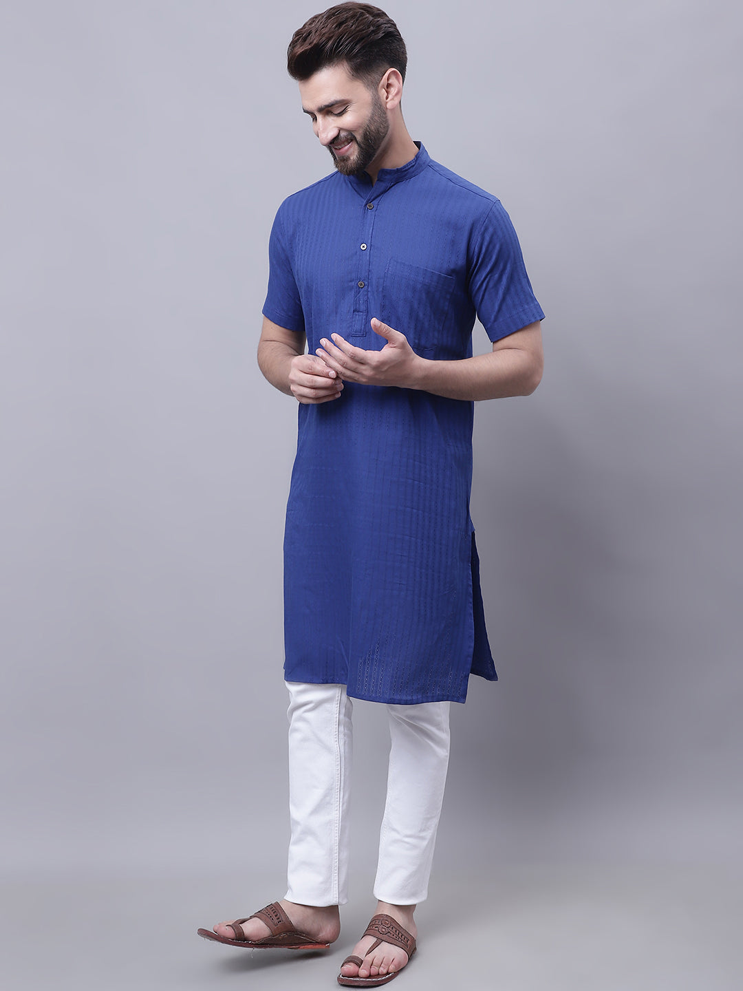 Even Apparels Blue Pure Cotton Short Sleeves Kurta With Band Collar | Swadesiicart