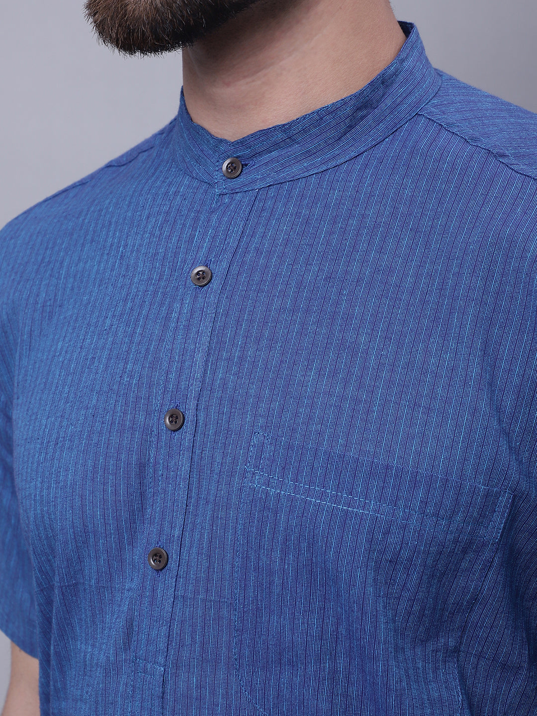Even Apparels Blue Pure Cotton Short Sleeves Kurta With Band Collar | Swadesiicart