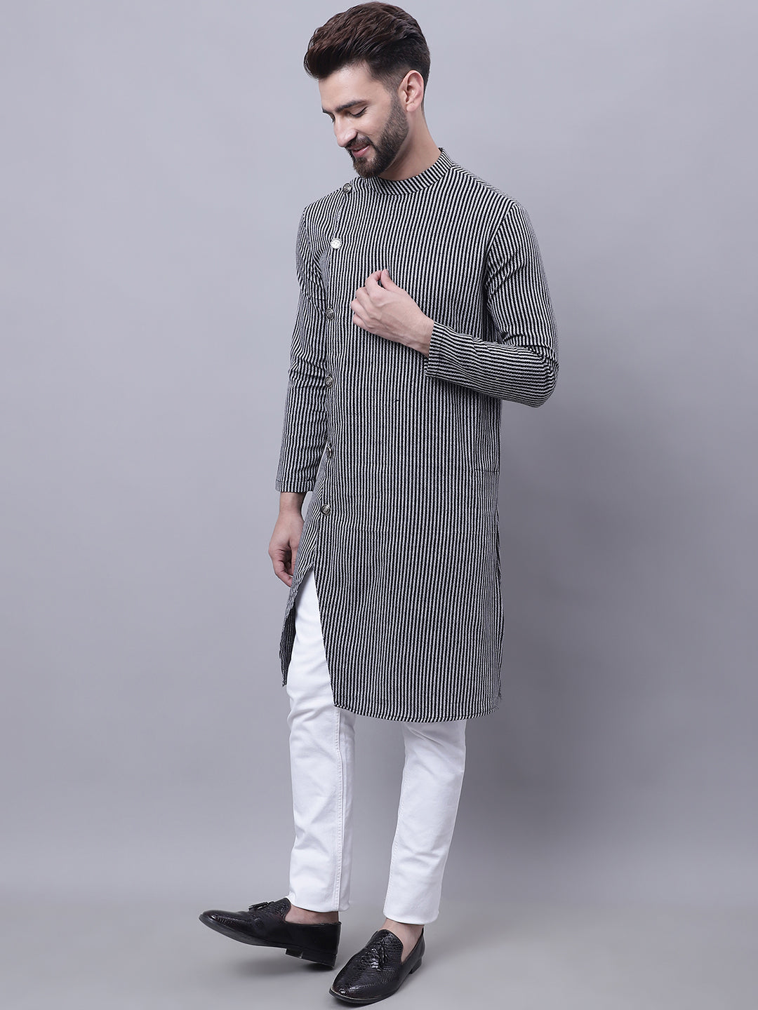Even Apparels Black Sherwani Kurta With Asymetrical Cut | Swadesiicart