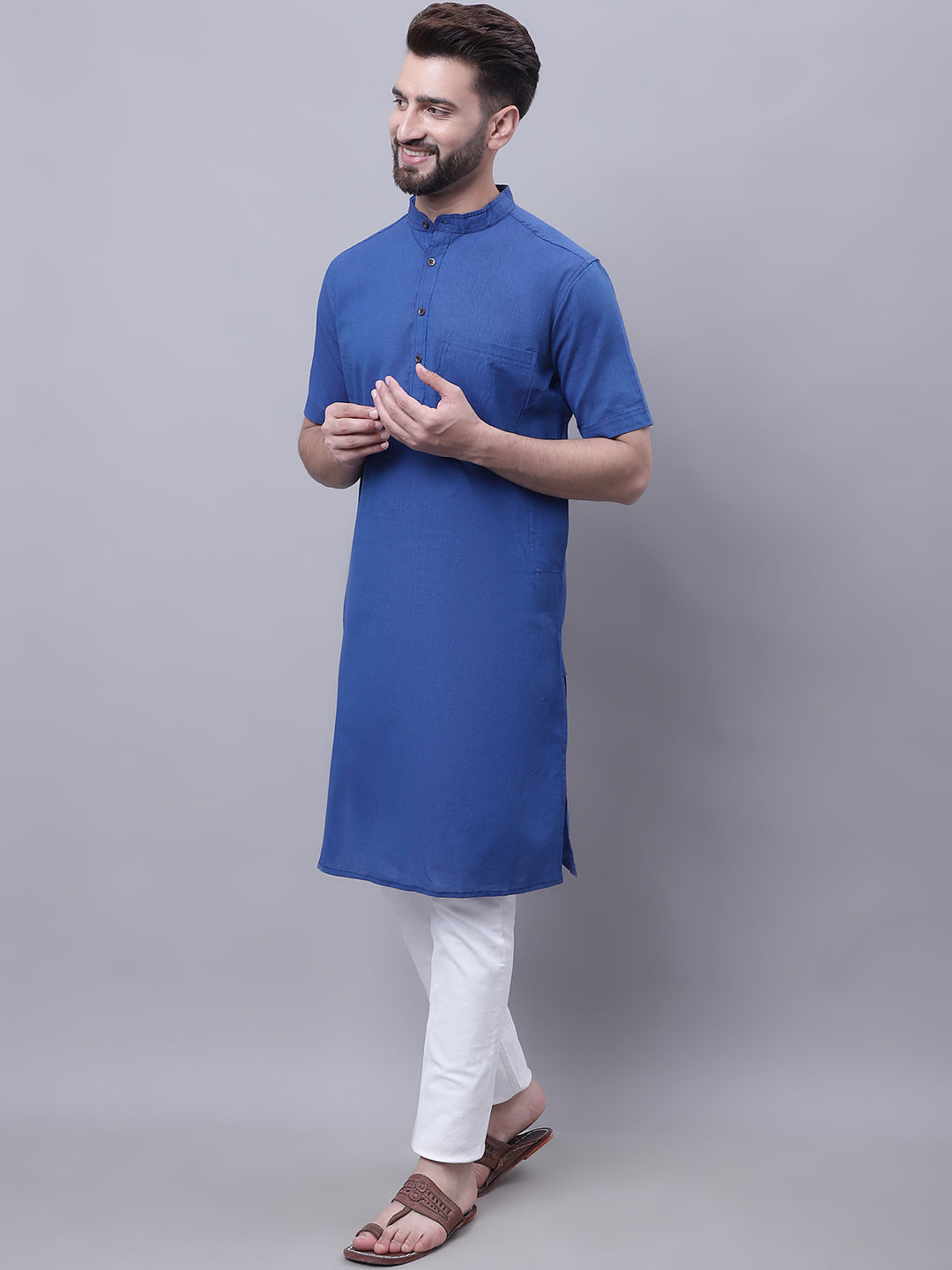Even Apparels Blue Pure Cotton Short Sleeves Kurta With Band Collar | Swadesiicart