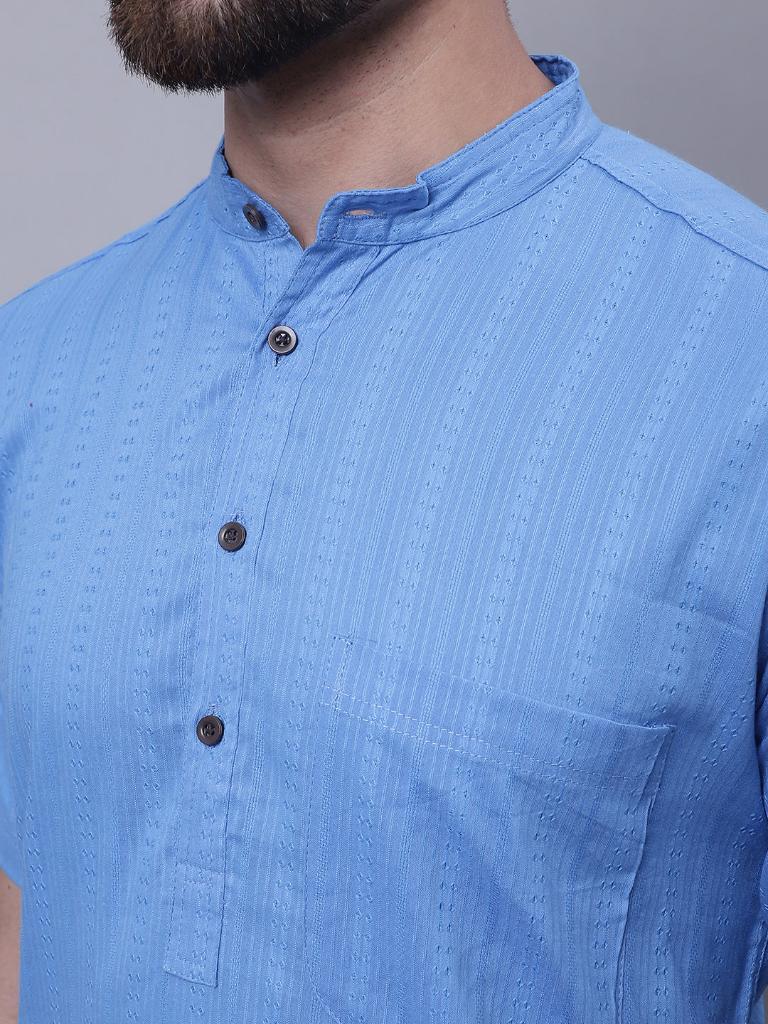 Even Apparels Blue Pure Cotton Short Sleeves Kurta With Band Collar | Swadesiicart