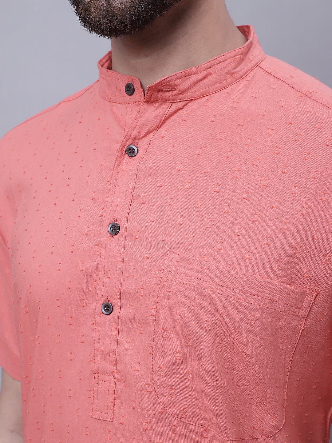 Even Apparels Peach Pure Cotton Short Sleeves Kurta With Band Collar | Swadesiicart