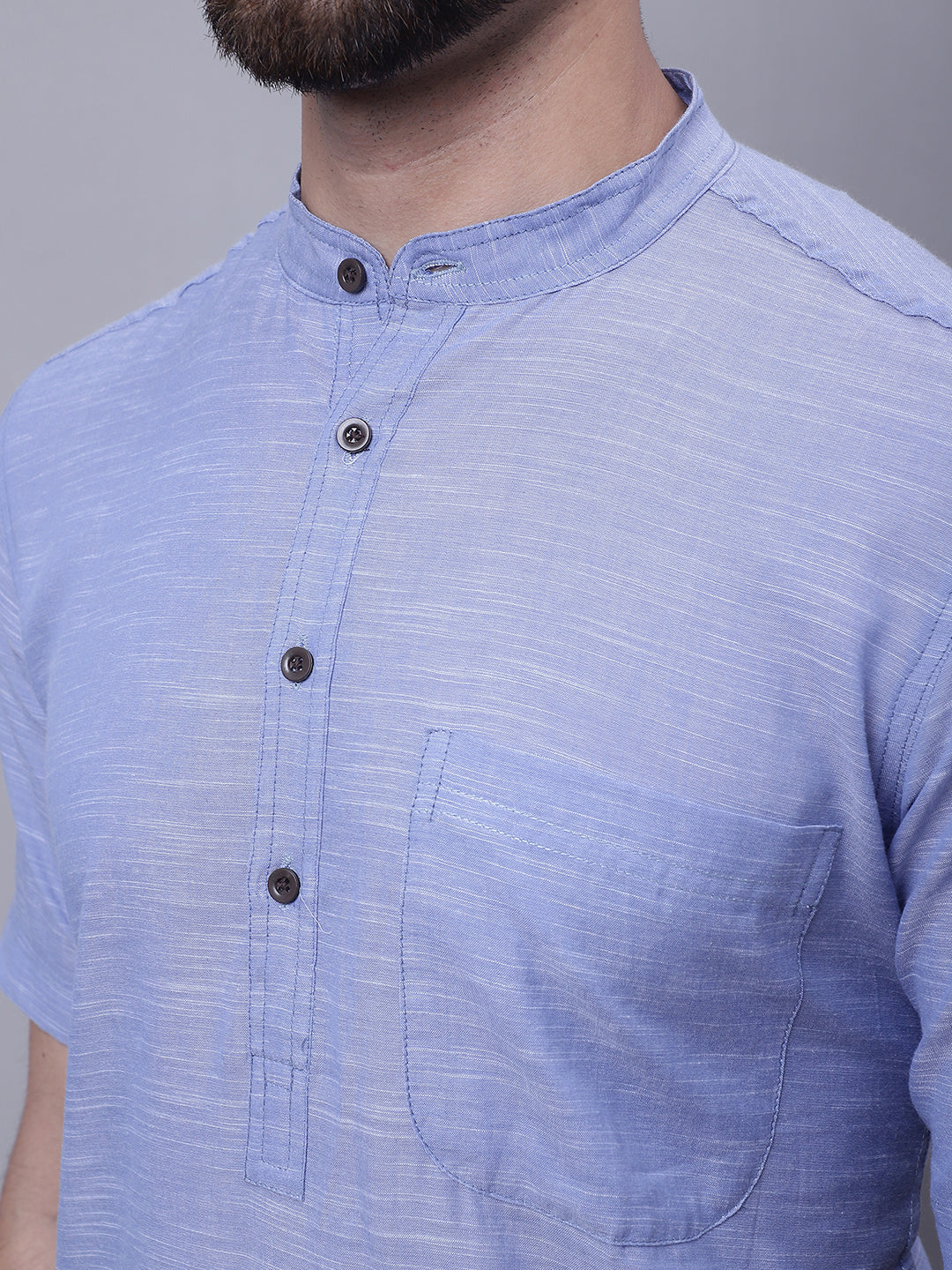 Even Apparels Blue Pure Cotton Short Sleeves Kurta With Band Collar | Swadesiicart