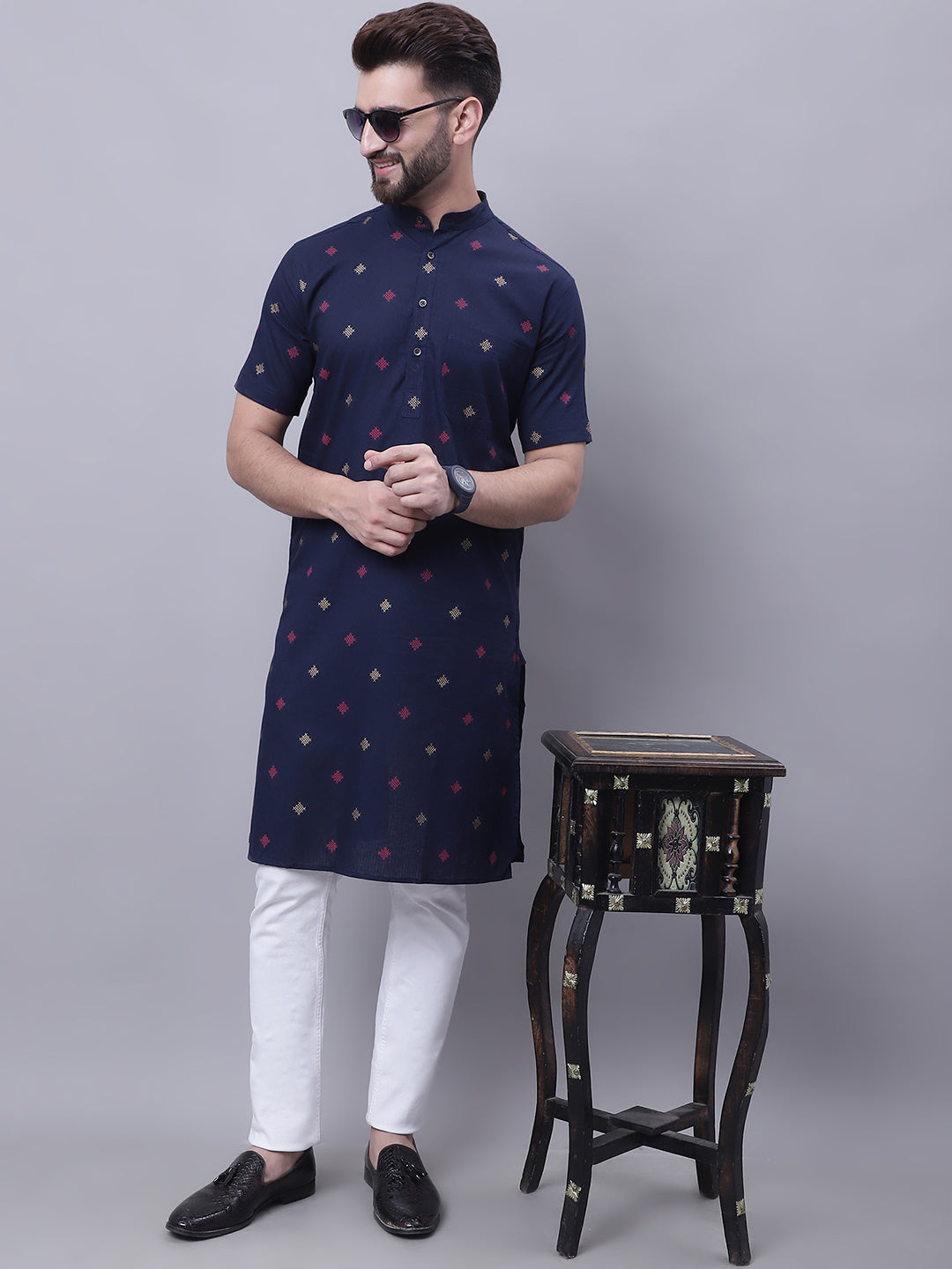 Even Apparels Blue Pure Cotton Short Sleeves Kurta With Band Collar | Swadesiicart