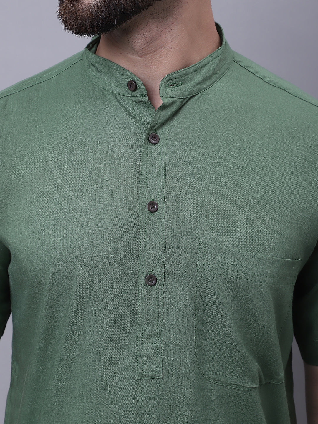 Even Apparels Green Pure Cotton Short Sleeves Kurta With Band Collar | Swadesiicart