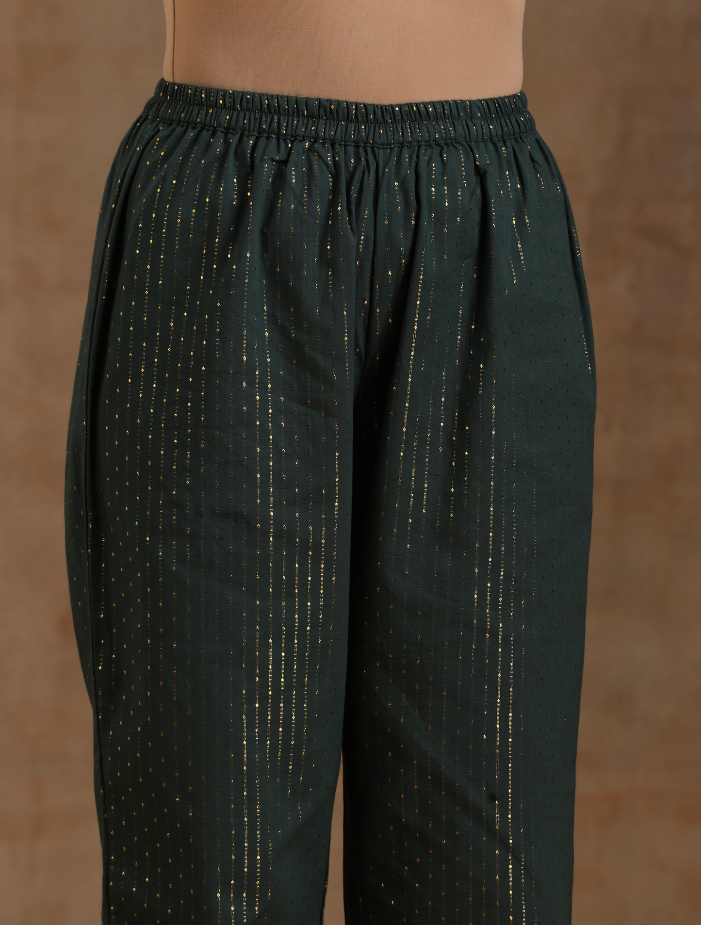 trueBrowns Dark Green Gold Cotton High-Low Co-Ord Set - Swadesiicart