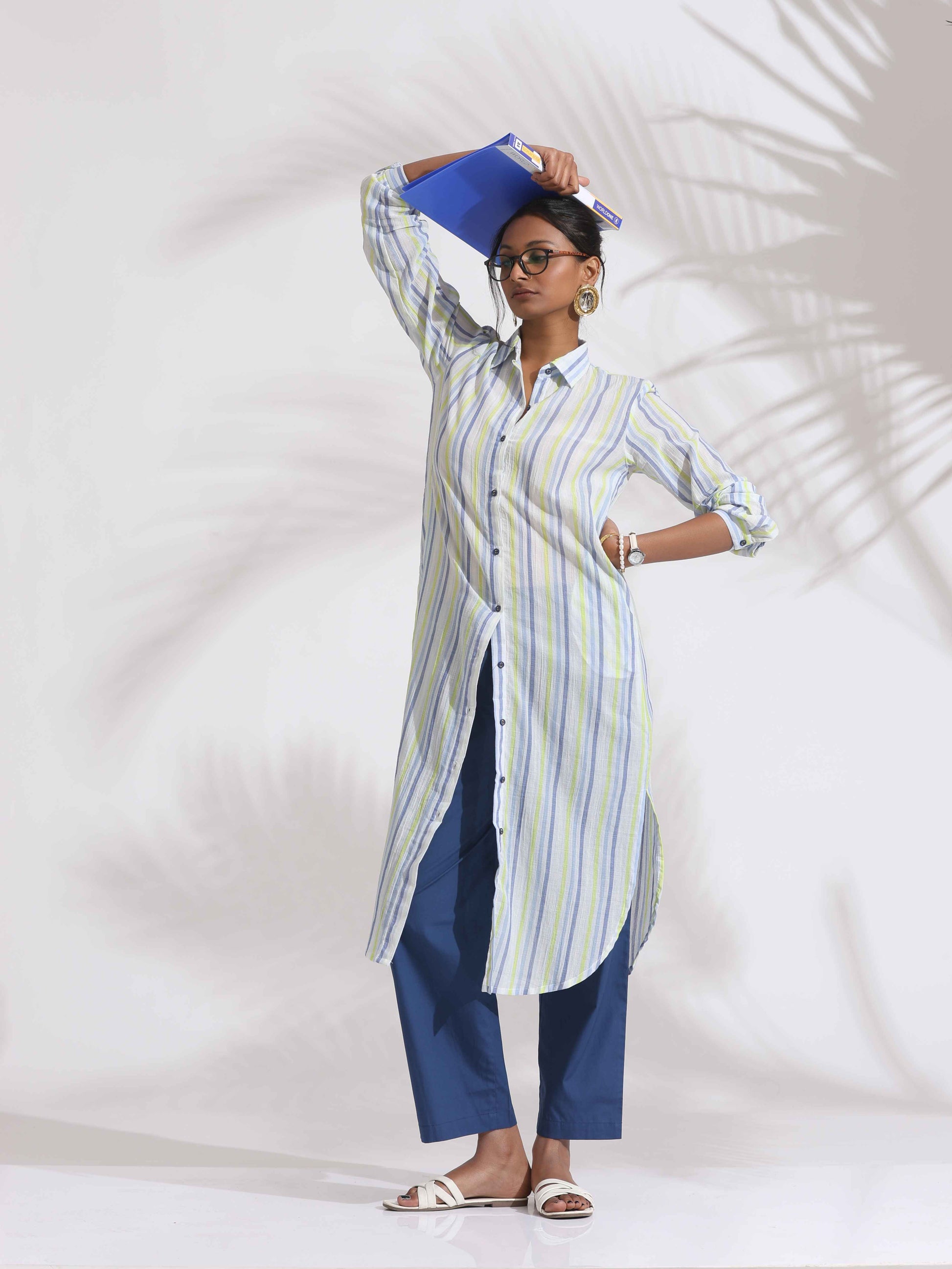 trueBrowns White Cotton Multi Stripe Shirt Kurta Set | Swadesiicart