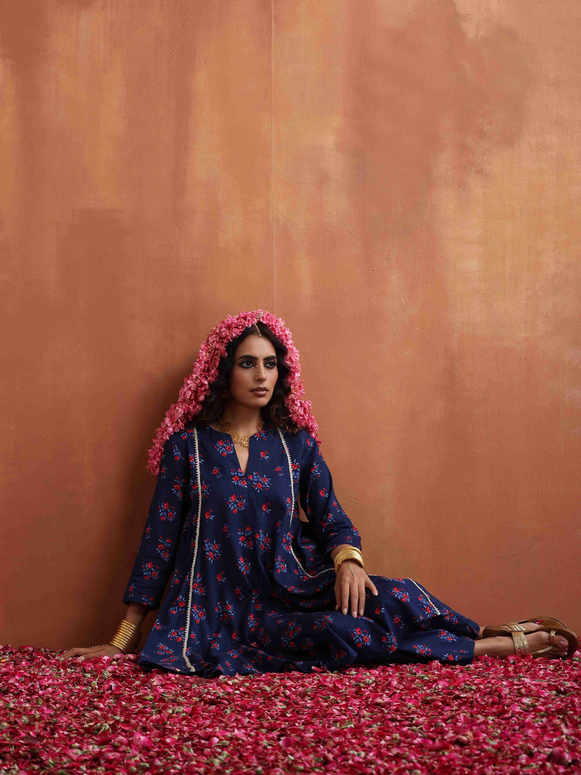 trueBrowns Blue Floral Print Flared Anarkali Kurta Co-ord Set - Swadesiicart