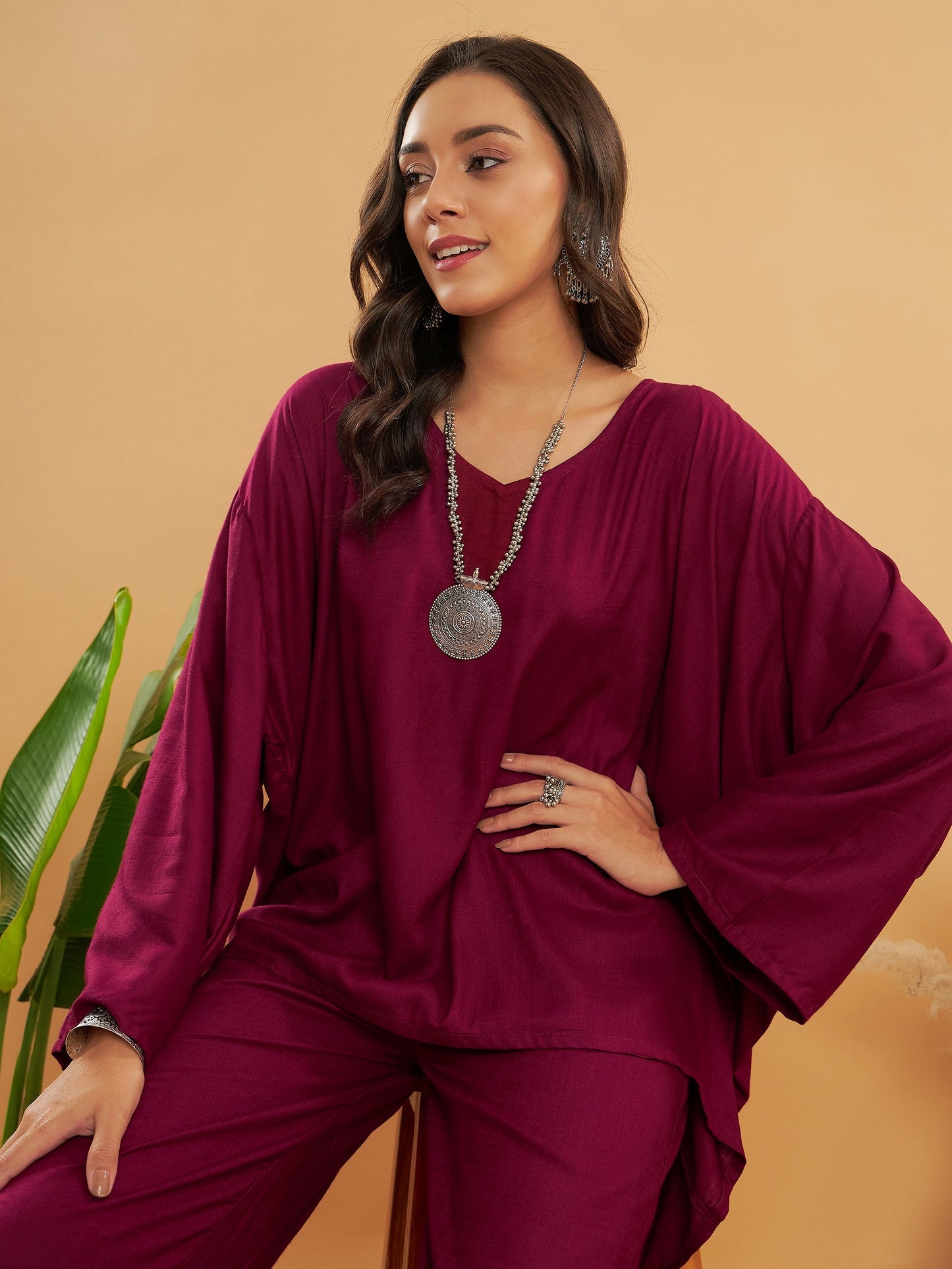 InWeave Women's Jam Wine Solid Boho Full Sleeve Coord Set - Swadesiicart