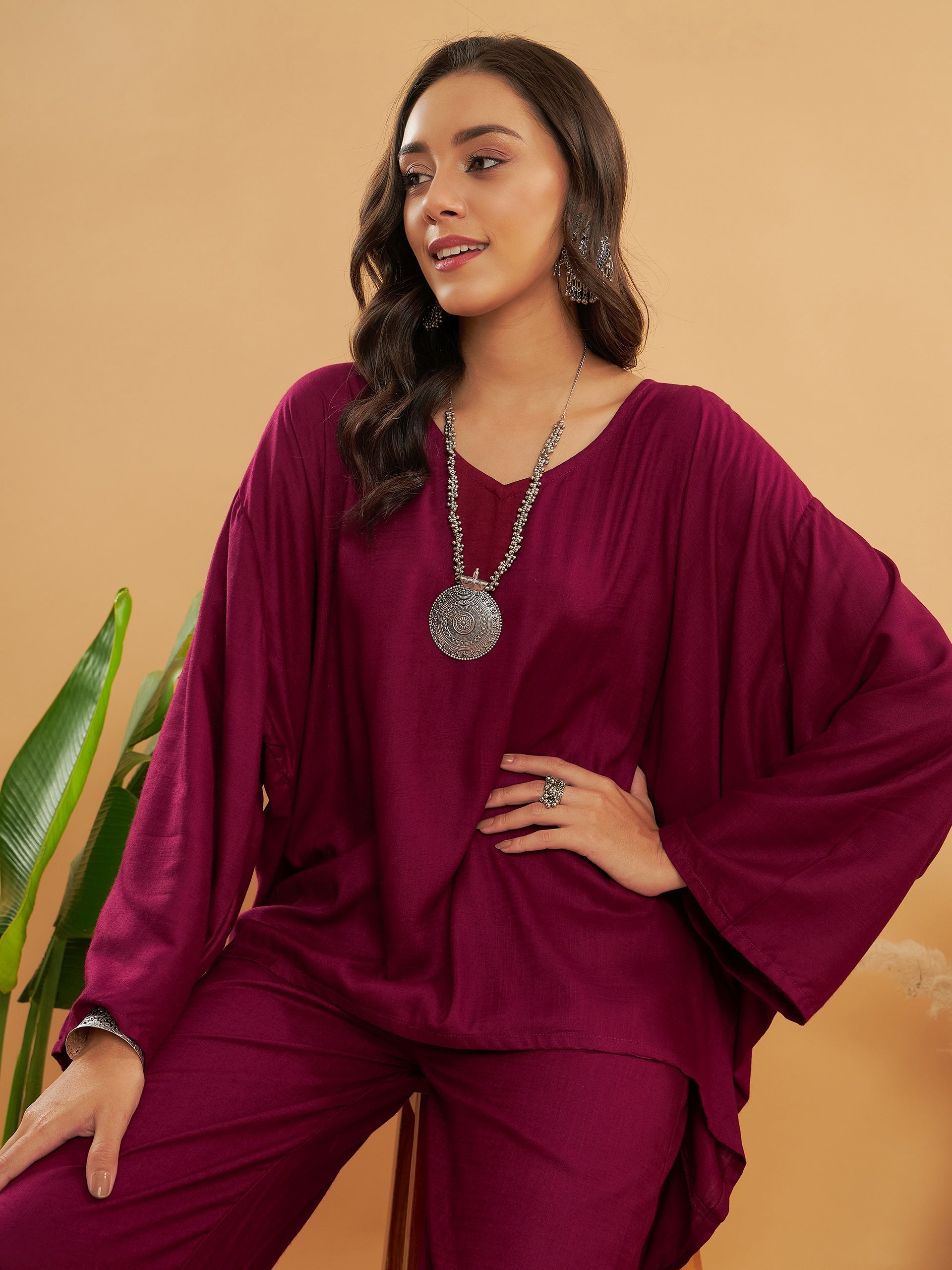 InWeave Women's Jam Wine Solid Boho Full Sleeve Coord Set - Swadesiicart