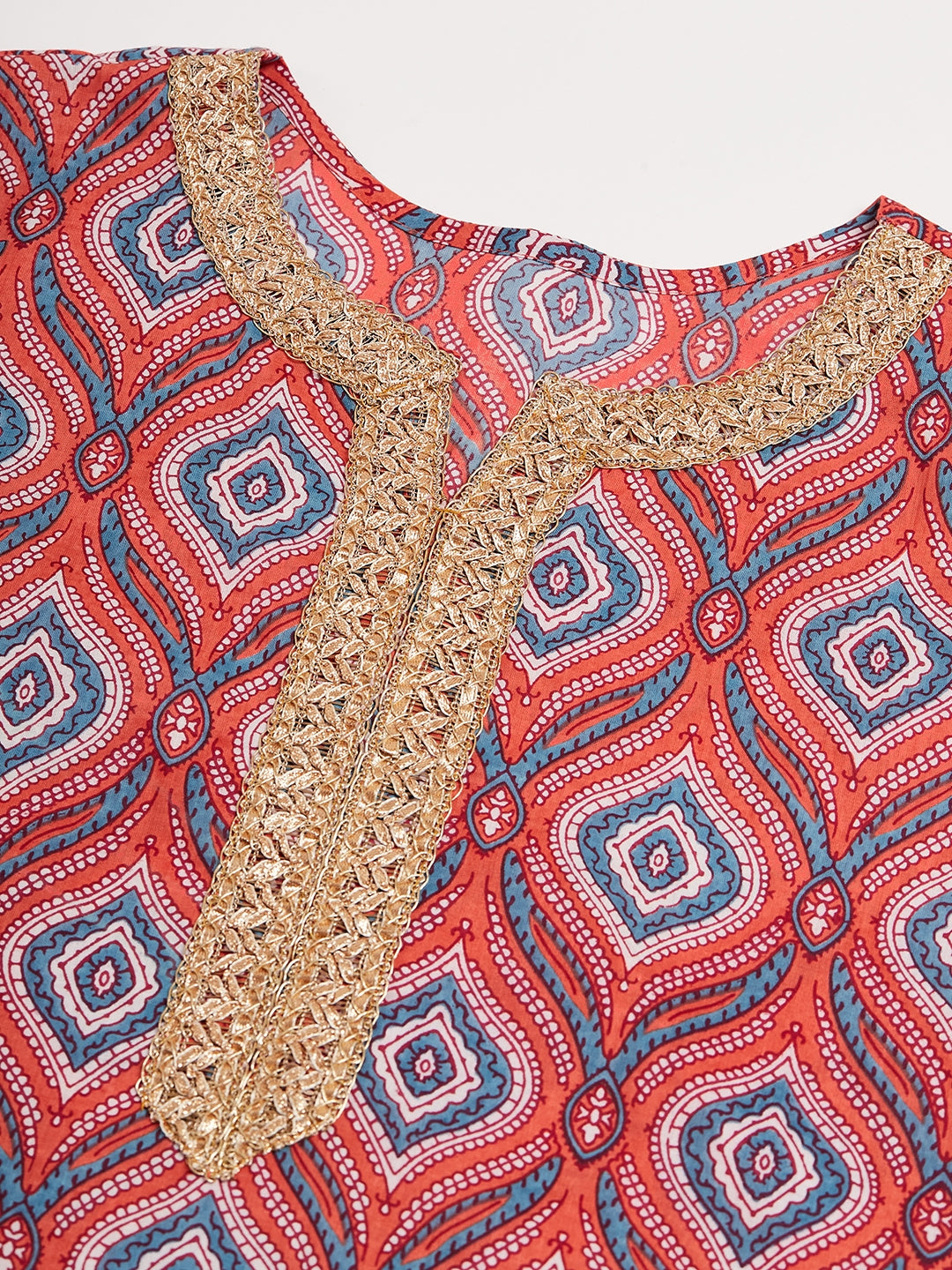 InWeave Women's Red Blue Ogee Print Gota Straight Kurta - Swadesiicart