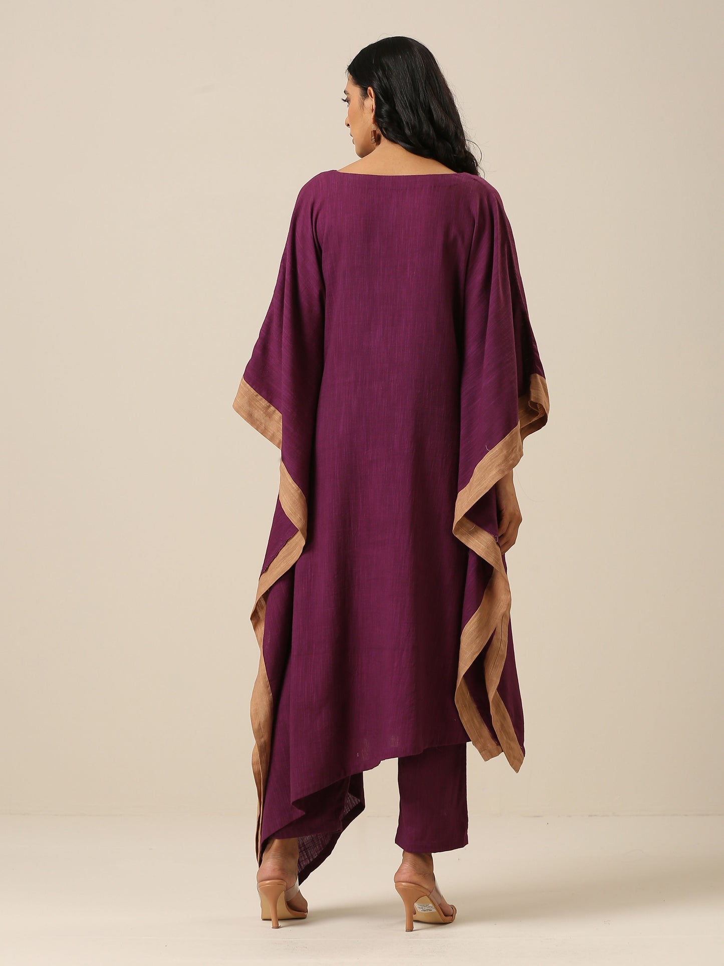 trueBrowns Plum Purple Slub Texture High Low Kaftan Pant Set | Swadesiicart
