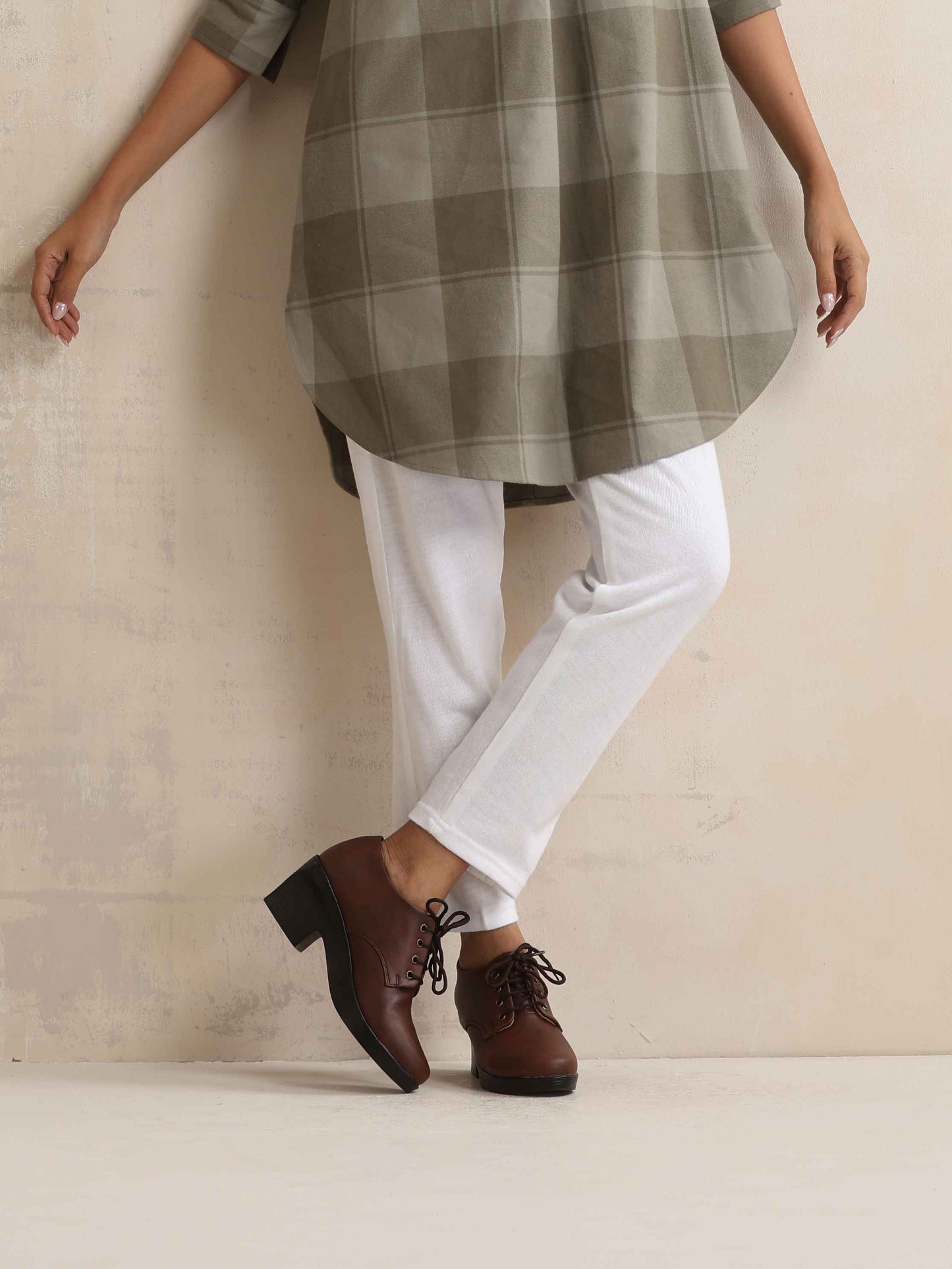 trueBrowns Green Check Pleated Winter Top | Swadesiicart