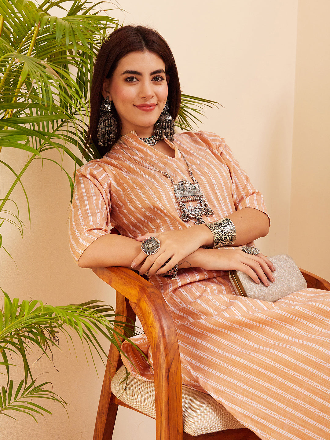 InWeave Women's Light Mustard Lurex Kantha Mandarin Neck Kurta Palazzo Set - Swadesiicart
