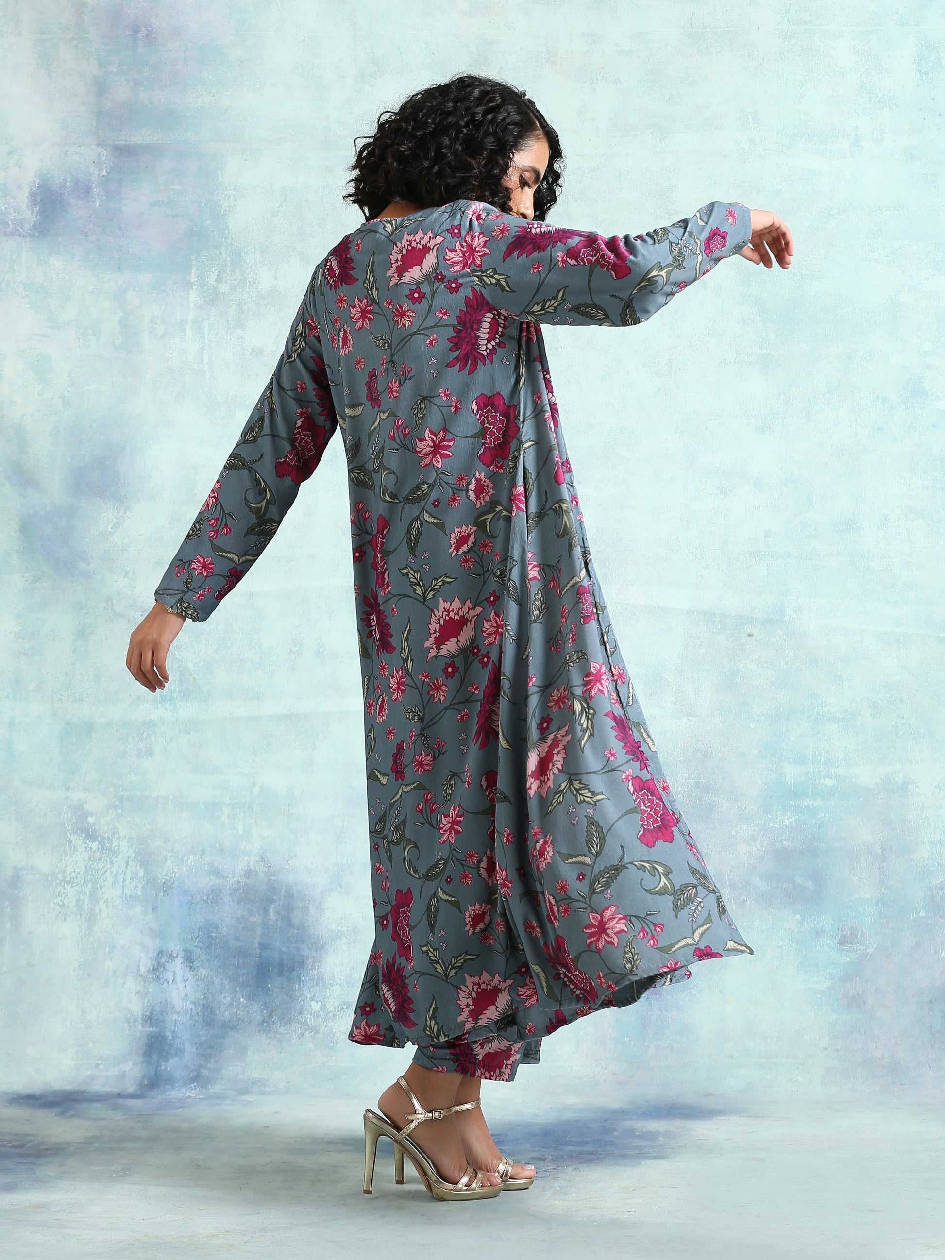 trueBrowns Grey Printed Velvet Overlay Jacket | Swadesiicart