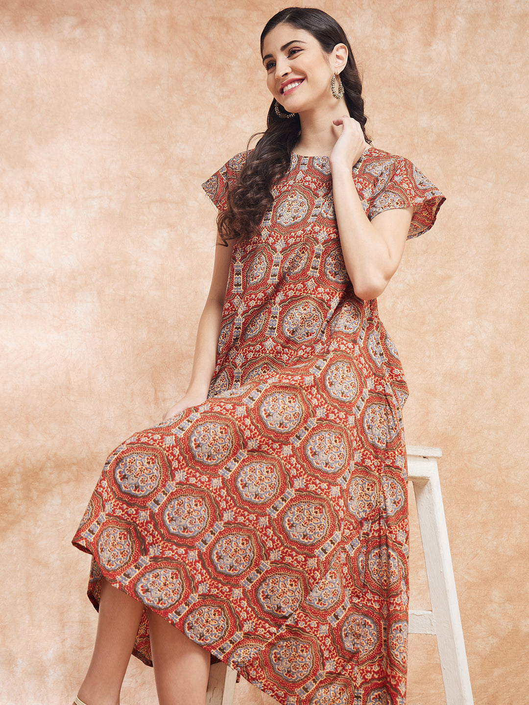 InWeave Women's Maroon Mughal Kalamkari A Line Dress - Swadesiicart