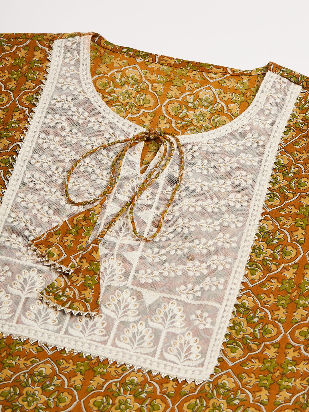 InWeave Women's Olive Ajrakh Print Cotton Patch Work Straight Kurta - Swadesiicart