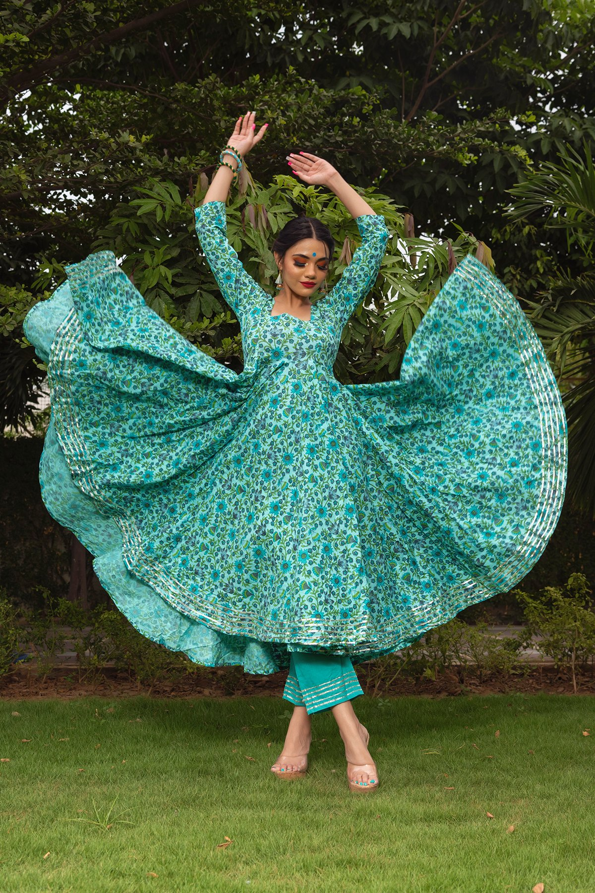 Pomcha Jaipur Morni Hand Block Cotton Anarkali Set | Swadesiicart