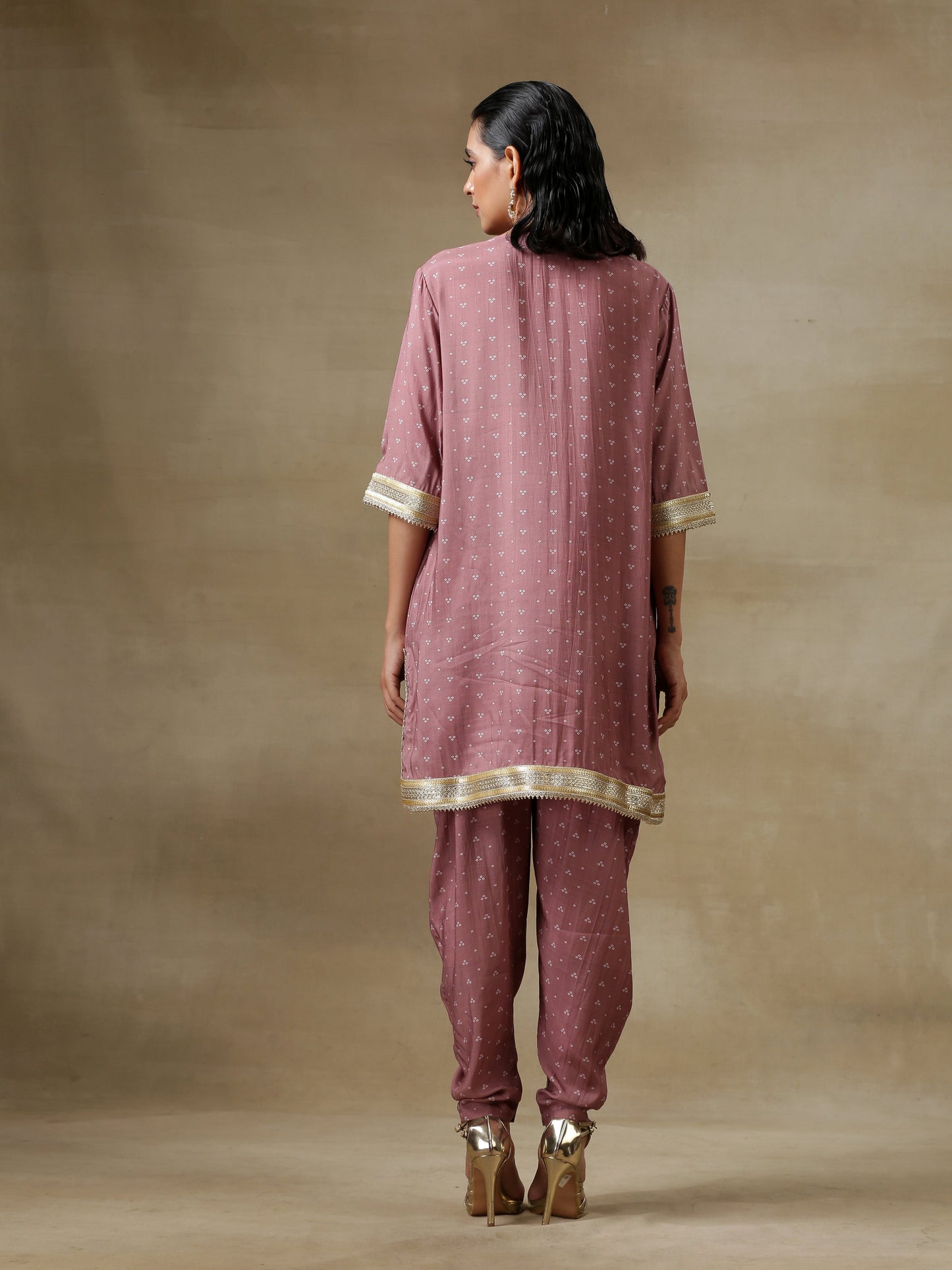 trueBrowns Dark Mauve Bandhani Printed Silk Loose Kurta Dhoti Pant Set | Swadesiicart