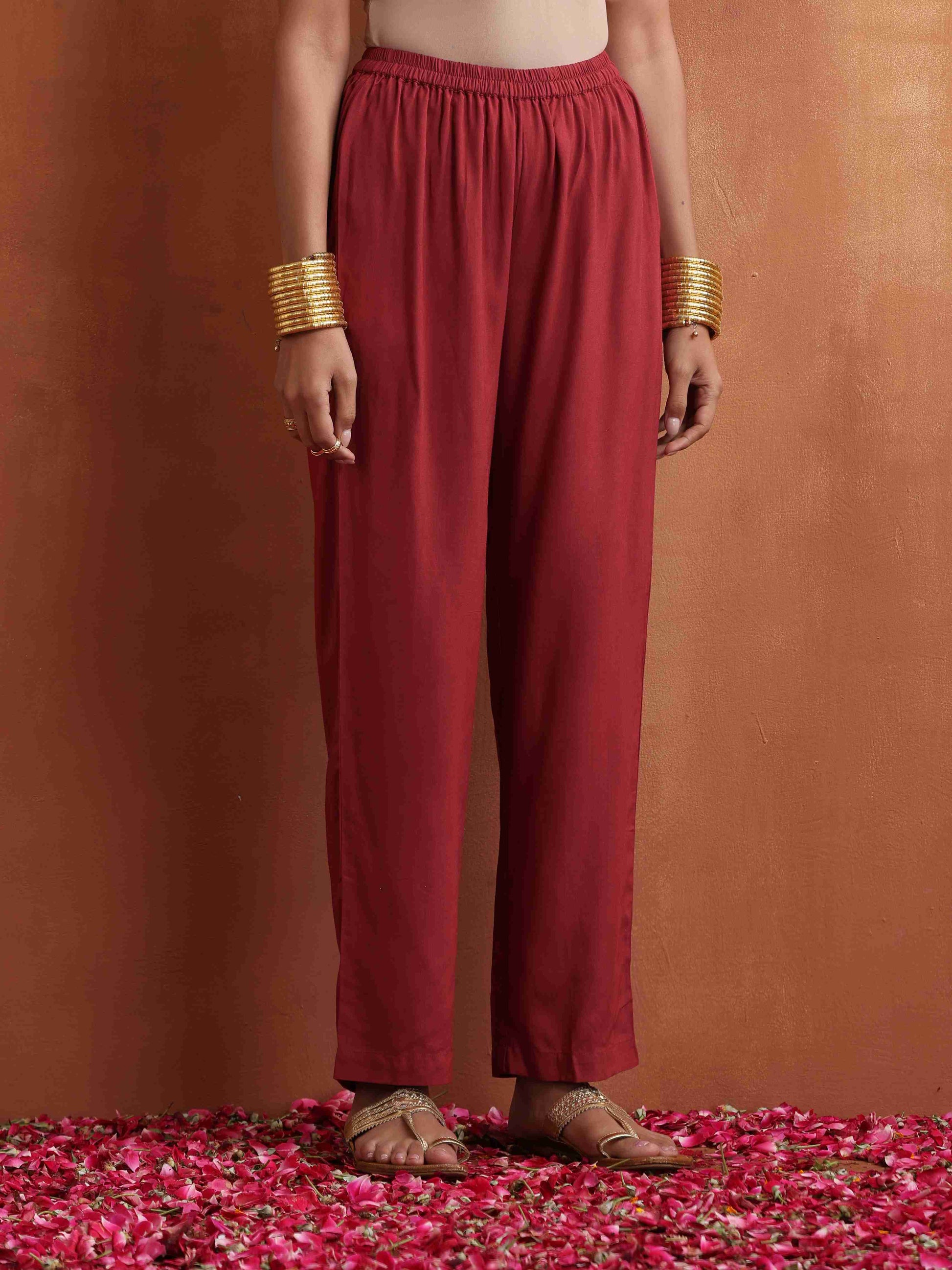 trueBrowns Maroon Print A-line Kurta Co-ord Set - Swadesiicart