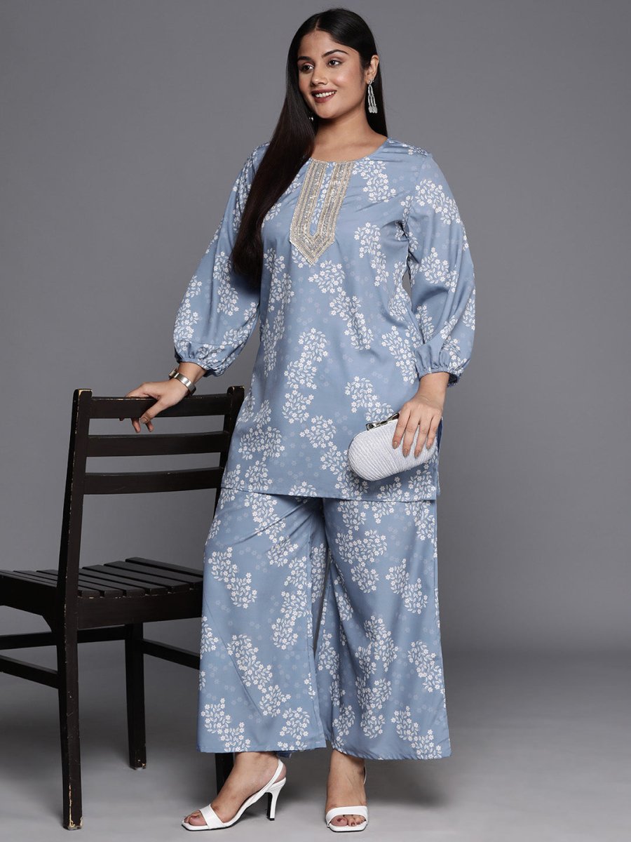 Ahalyaa Plus Size Floral Print Zari Ethnic Tunic with Palazzos | Swadesiicart