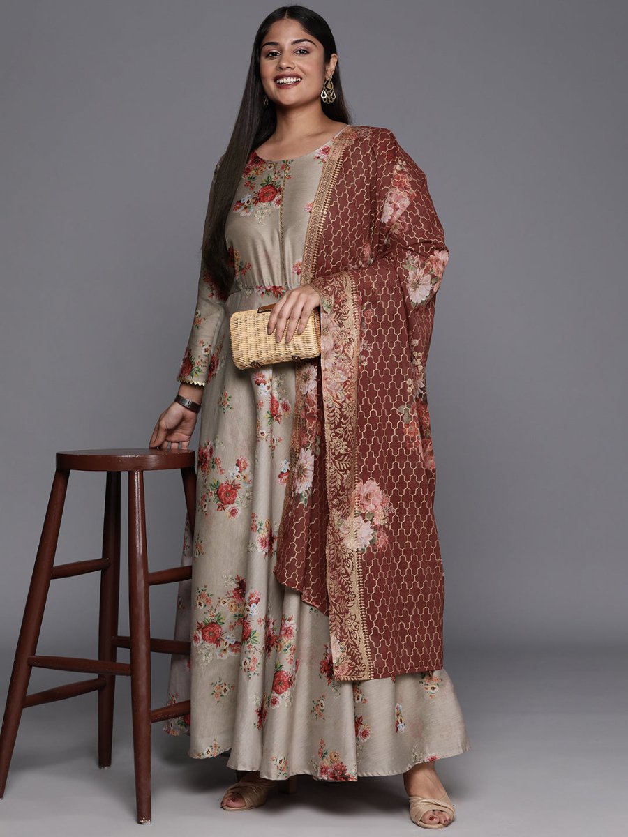 Ahalyaa Plus Size Round Neck Maxi Ethnic Dress With Dupatta | Swadesiicart