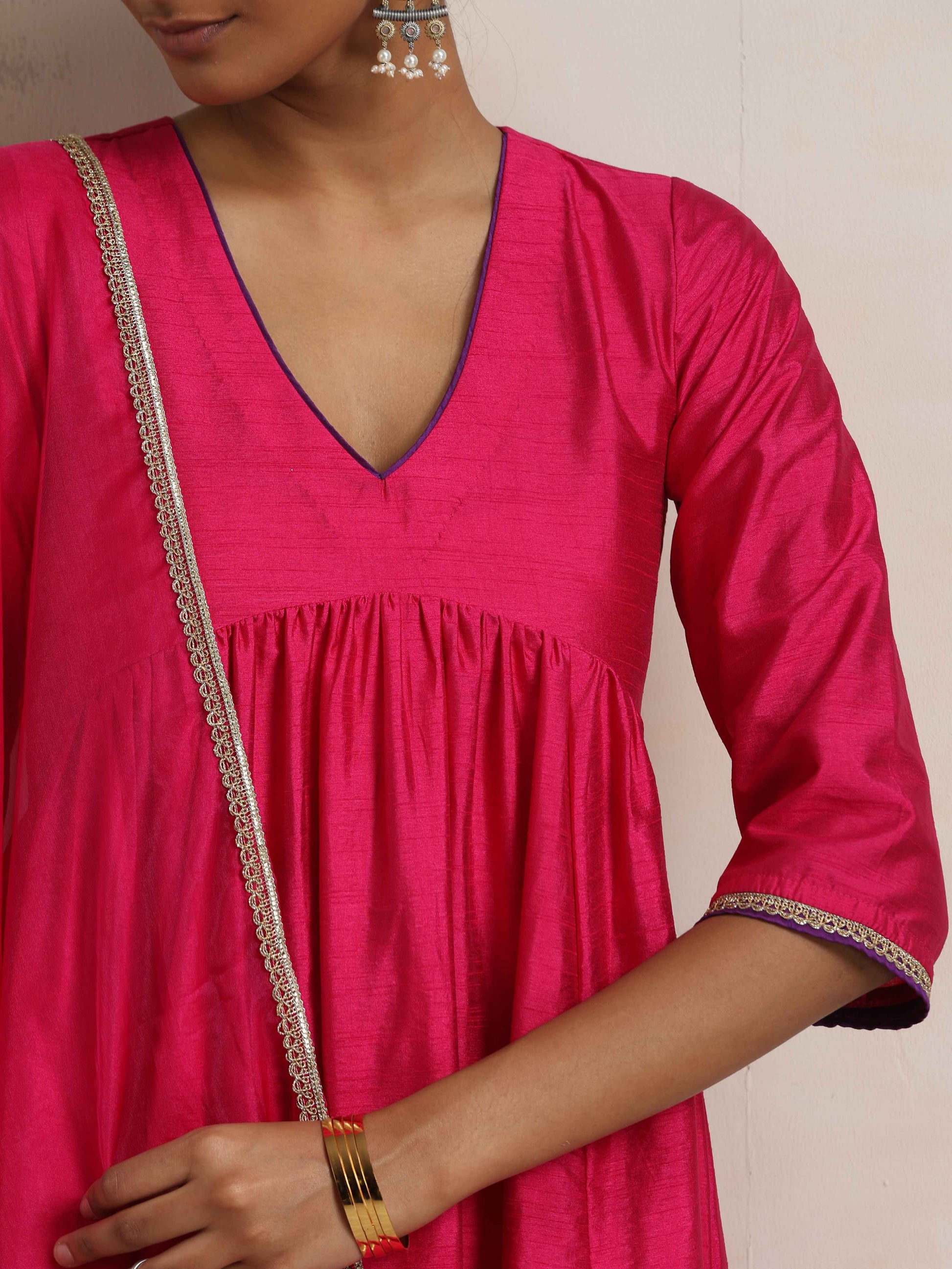 trueBrowns Pink Silk Anarkali Kurta Pant Dupatta Set | Swadesiicart
