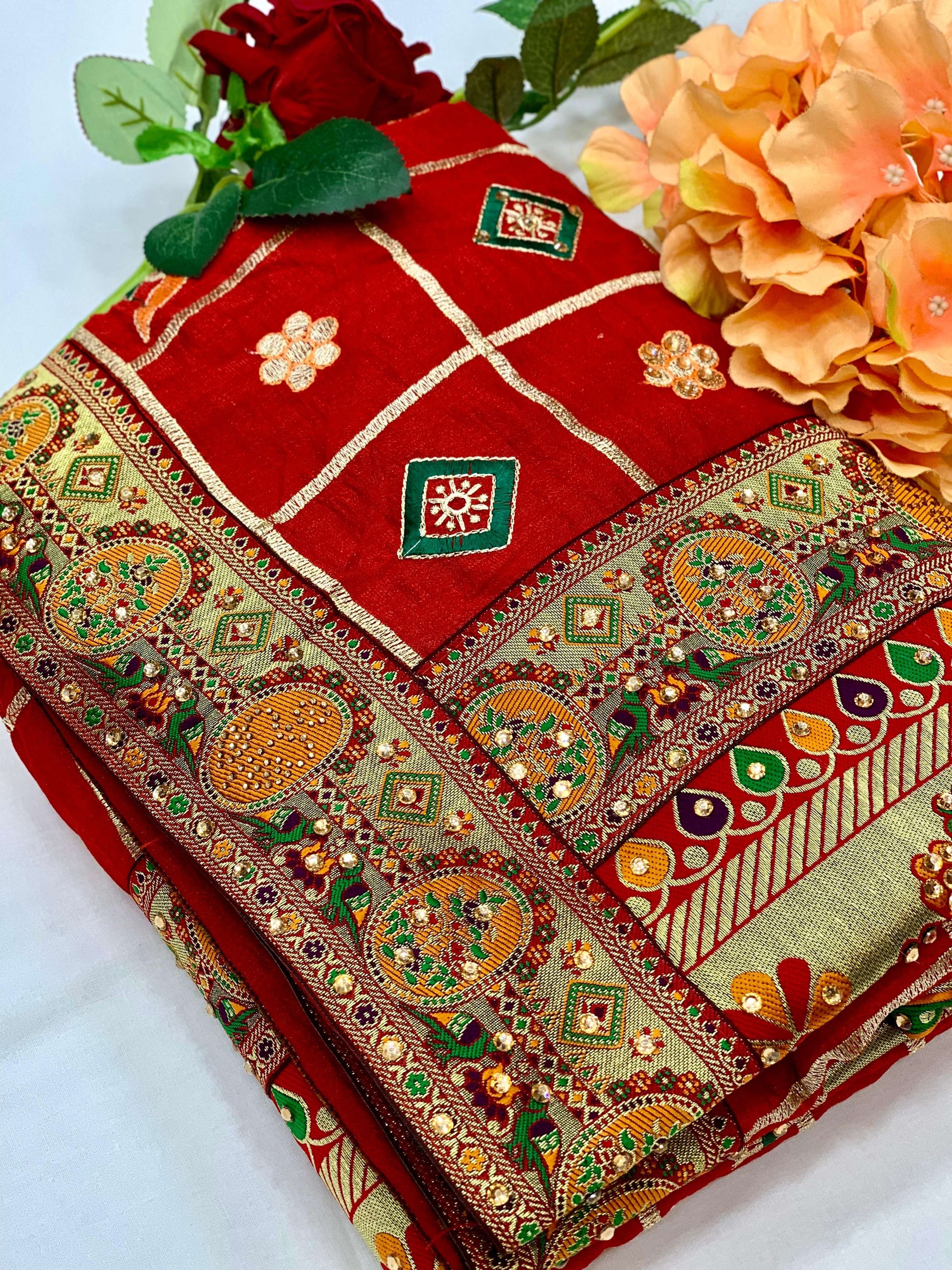 Lorenvalley Fashion Premium Red Vichitra Silk Embroidery and Diamond work Both Side Saree - Swadesiicart