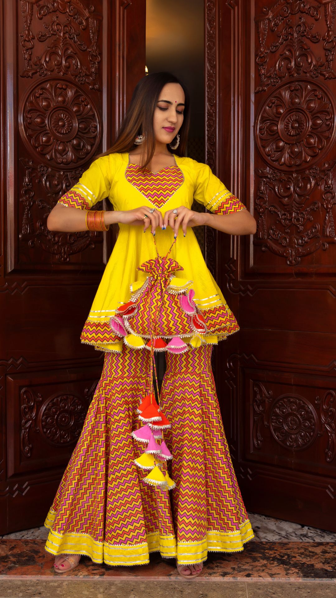Pomcha Jaipur Tuscan Yellow Cotton Sharara Set | Swadesiicart