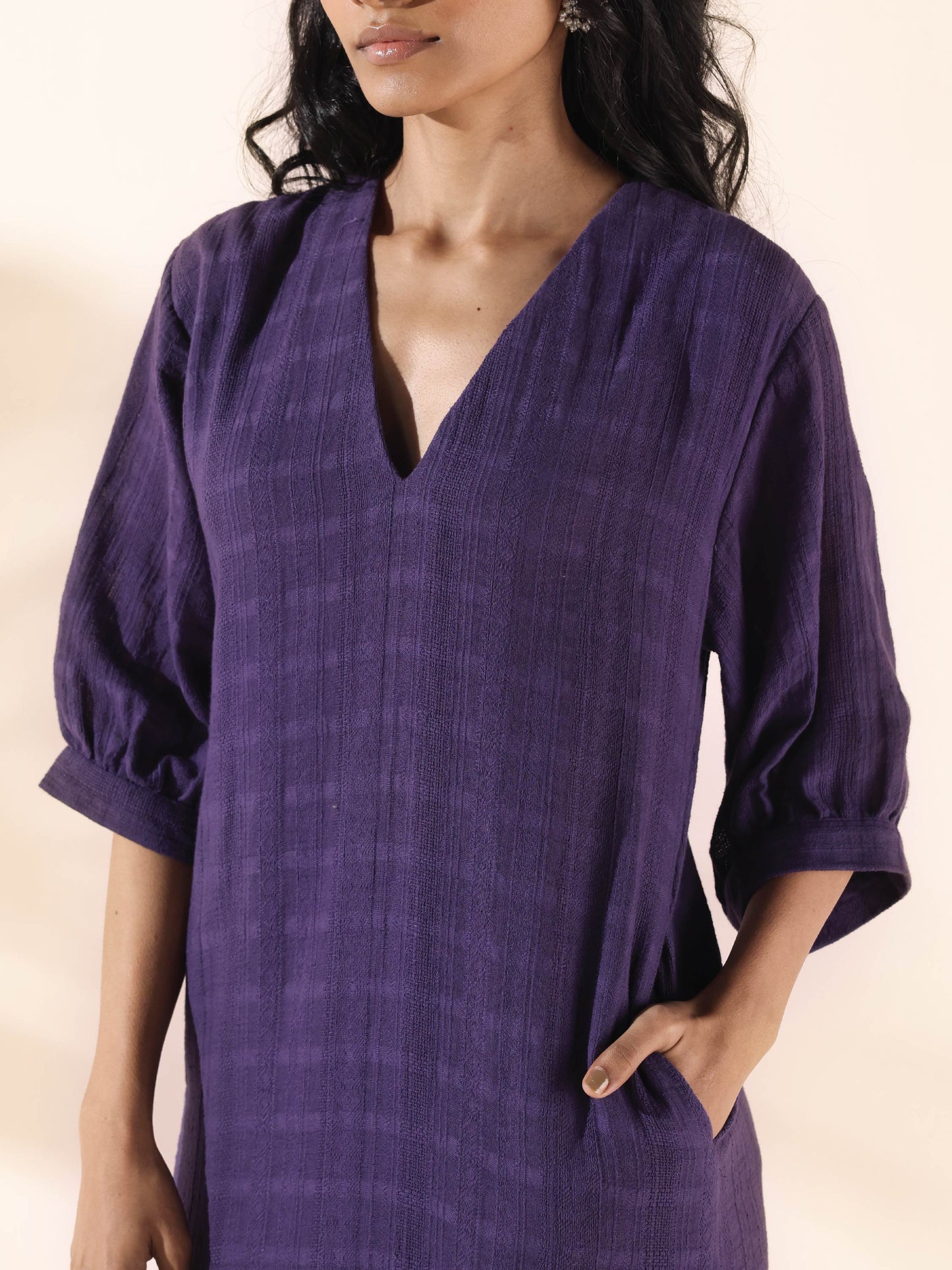 trueBrowns Purple Cotton Dobby Slit Dress | Swadesiicart