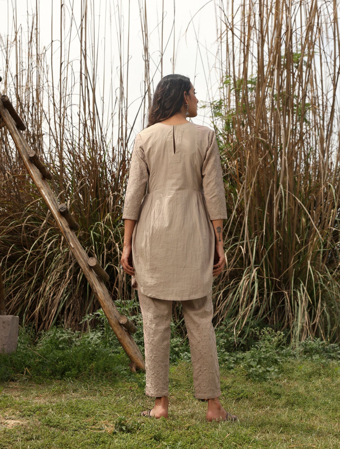 trueBrowns Khaki Cotton Embroidered Co-ord Set - Swadesiicart