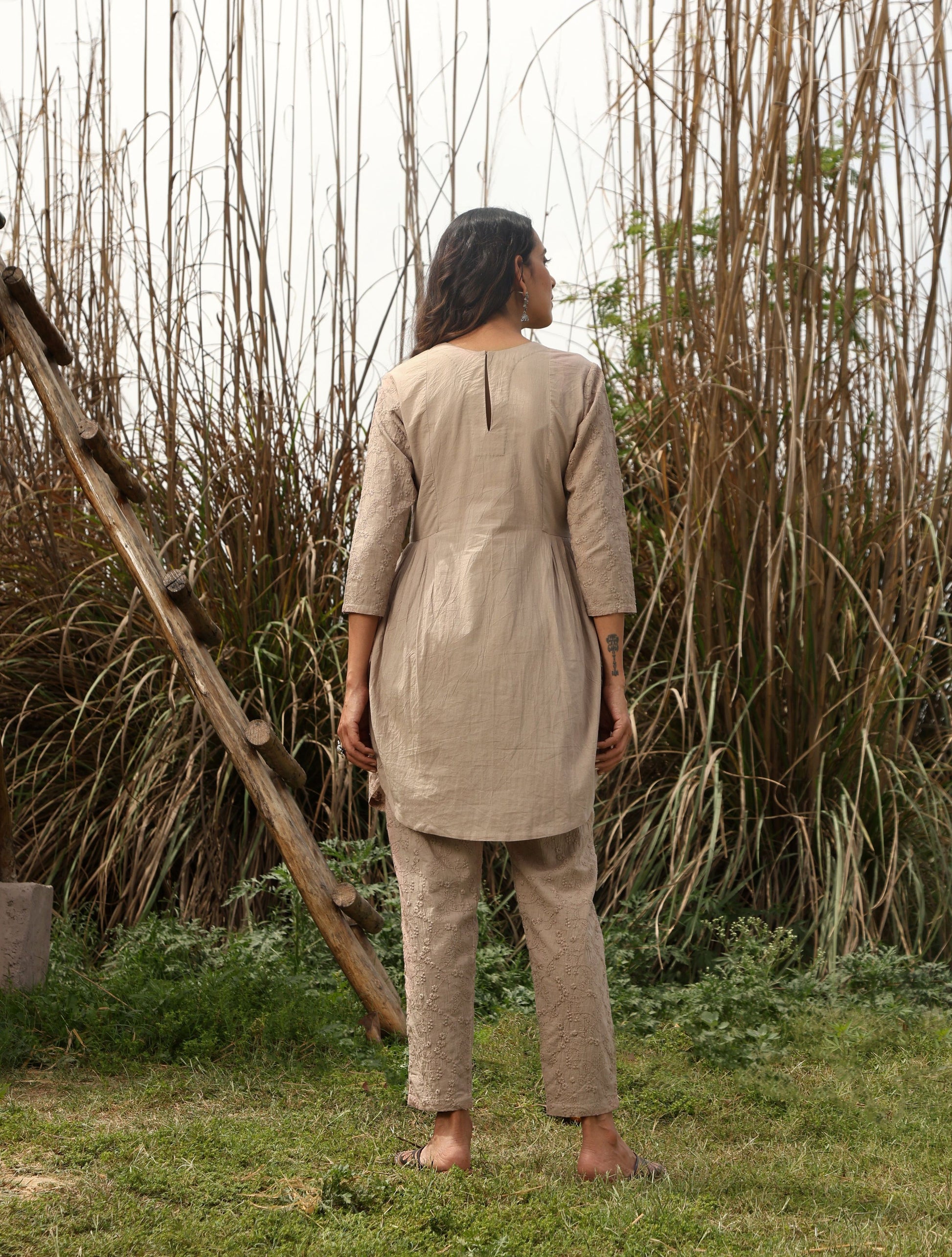 trueBrowns Khaki Cotton Embroidered Co-ord Set - Swadesiicart
