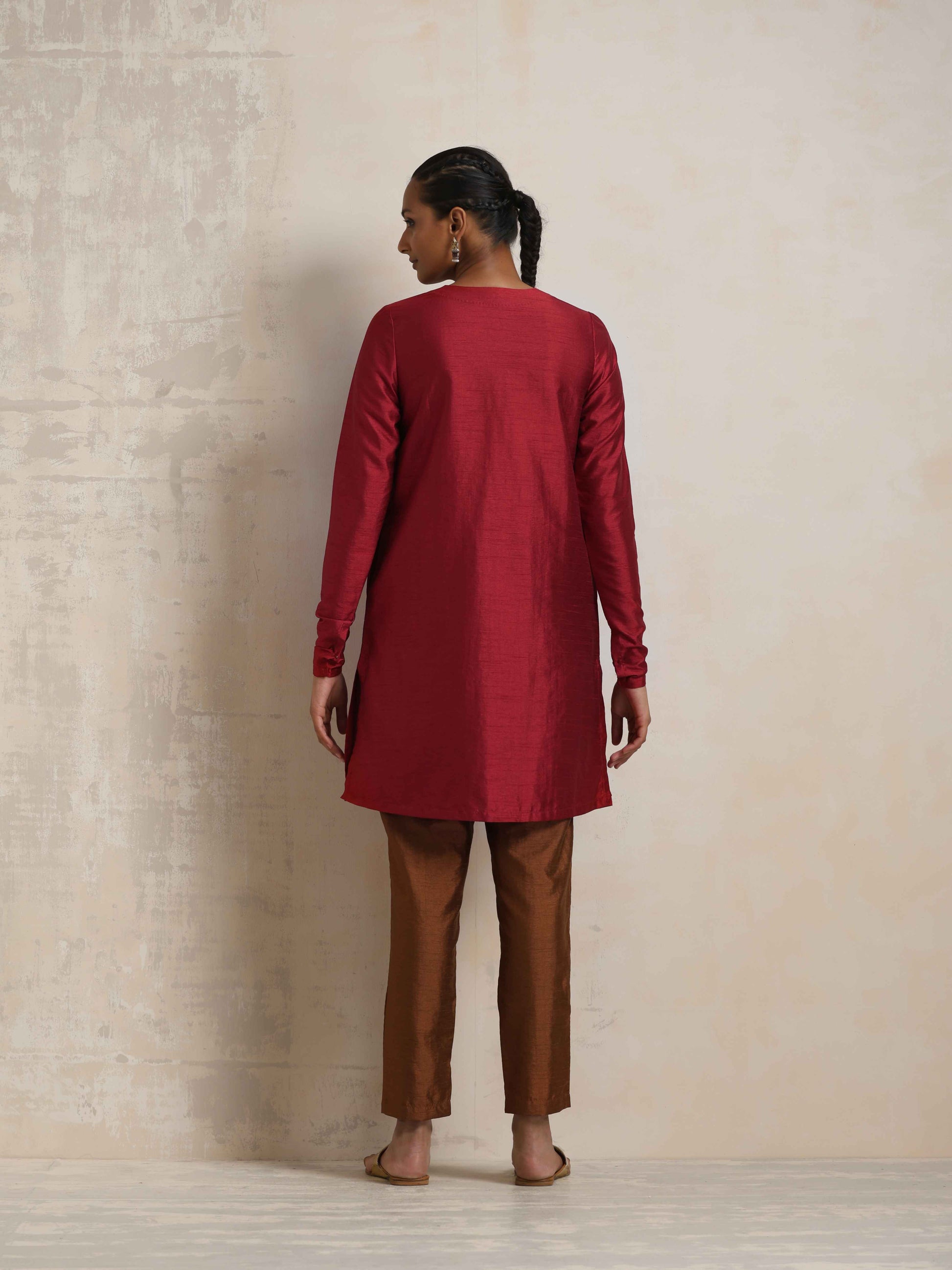 trueBrowns Red Silk Kurta Co-ord Set - Swadesiicart