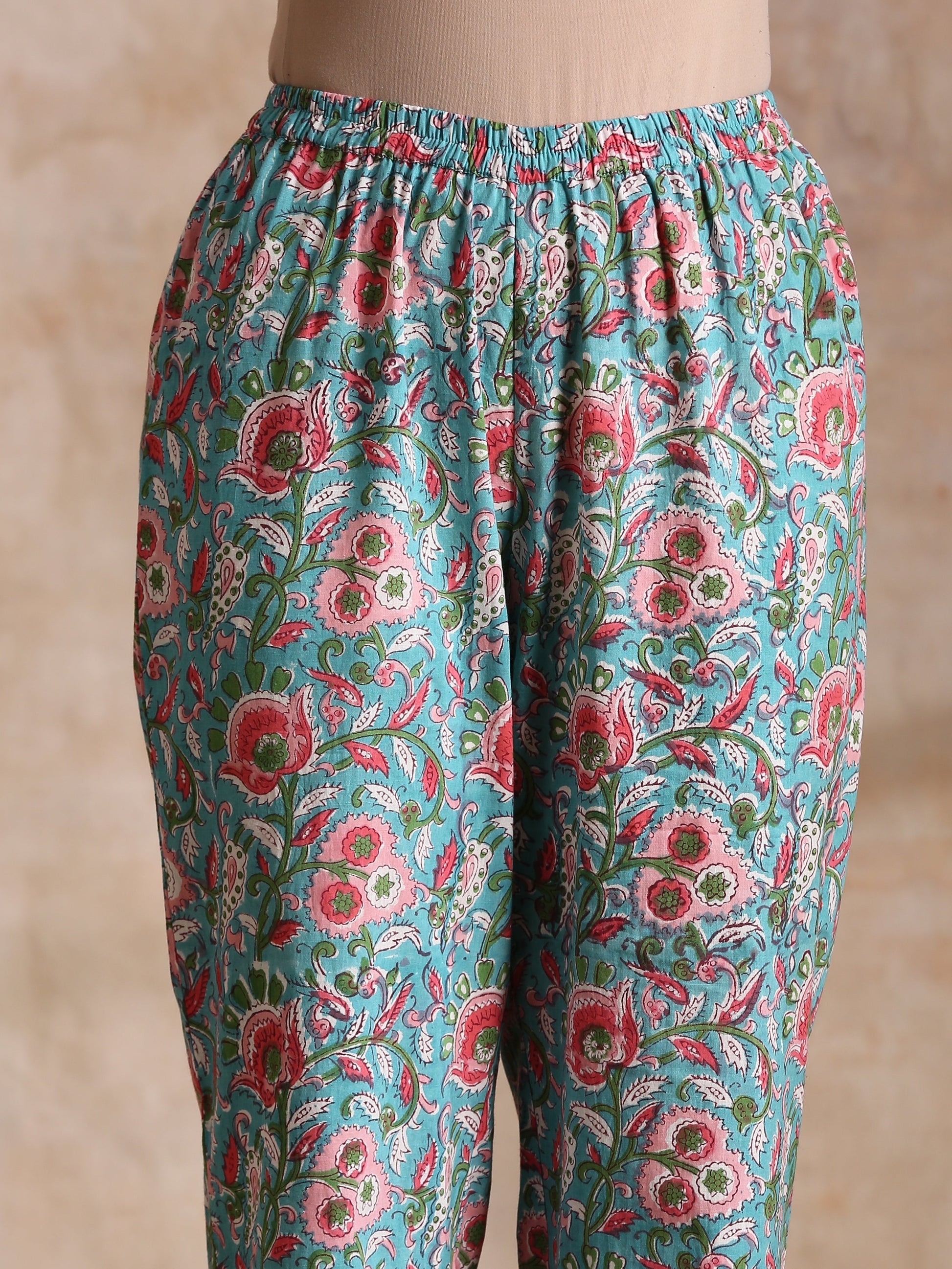 trueBrowns Turkish Blue Overall Floral Block Print Cotton Flared Kurta Pant Set | Swadesiicart