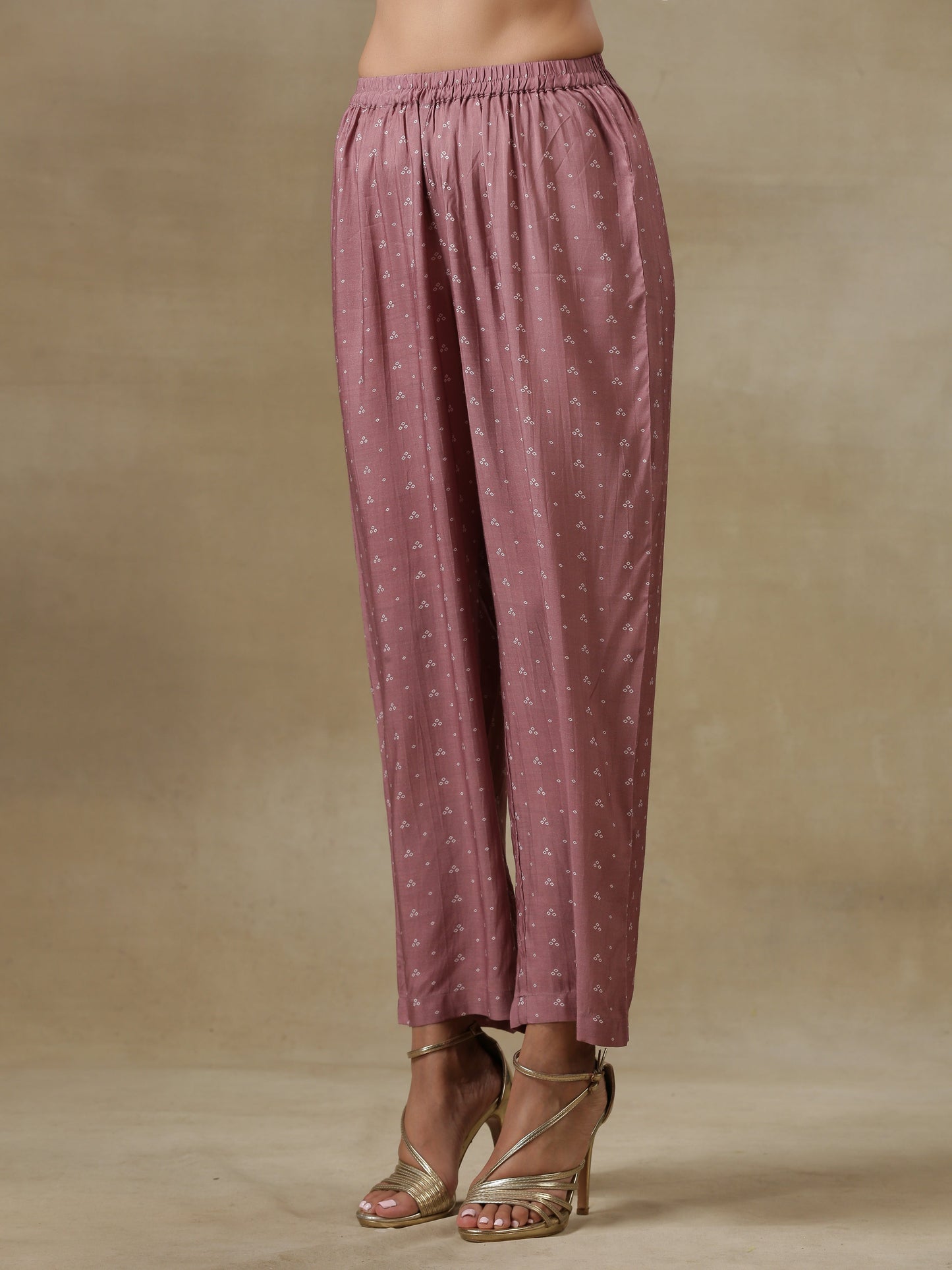 trueBrowns Dark Mauve Bandhani Printed Silk Front Slit Kurta Pant Set | Swadesiicart