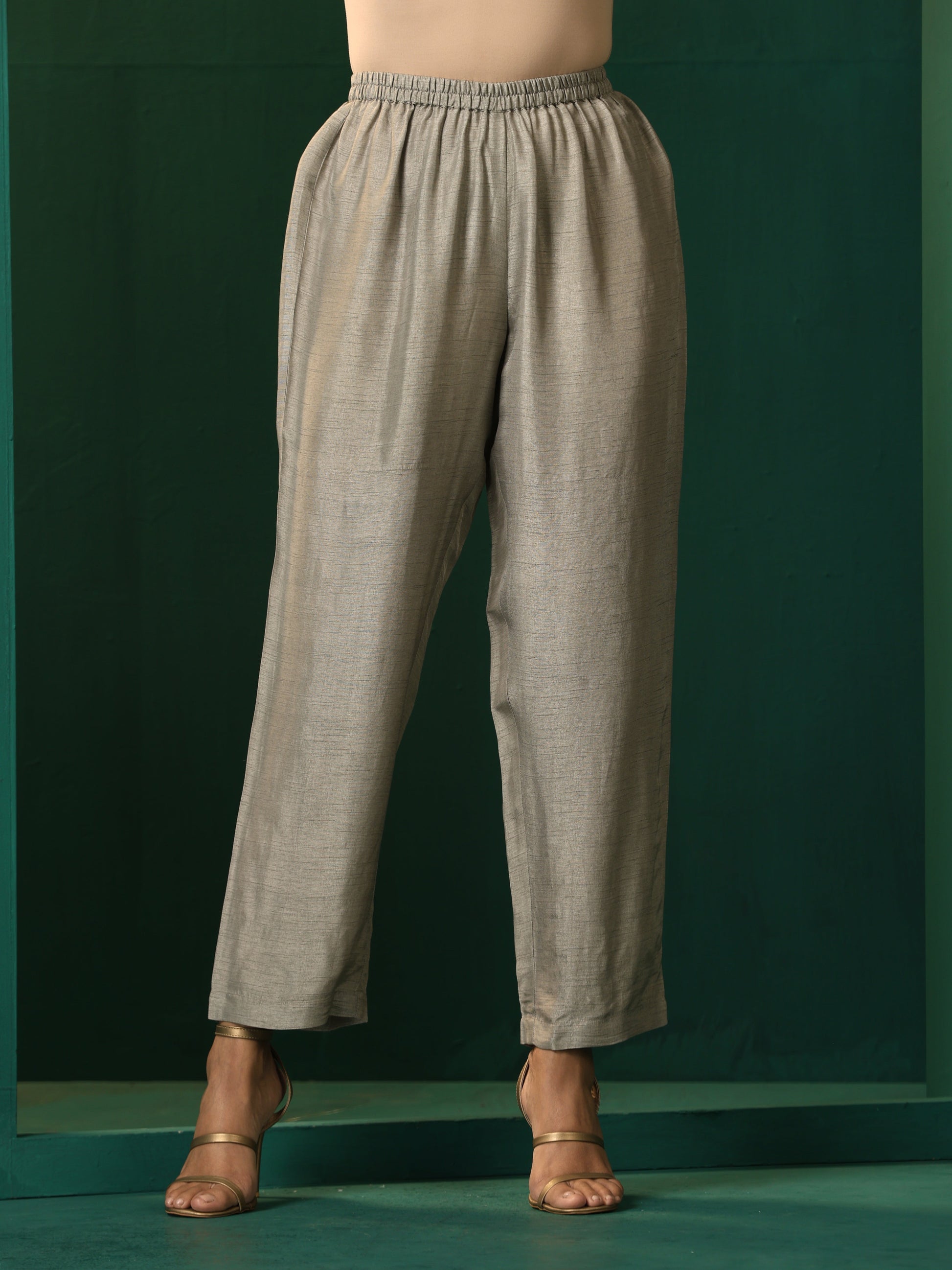 trueBrowns Grey Silk Front Gathered Kurta Pant Set | Swadesiicart