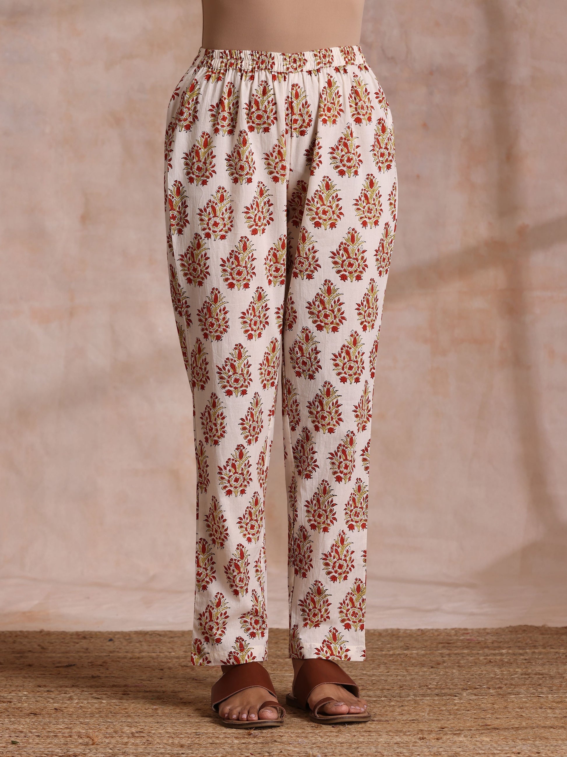 trueBrowns White With Red Yellow Buta Block Print Cotton Kurta Pant Dupatta Set | Swadesiicart