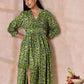 trueBrowns Lime Green Overall Blue Floral Block Print Cotton Wrap Dress | Swadesiicart