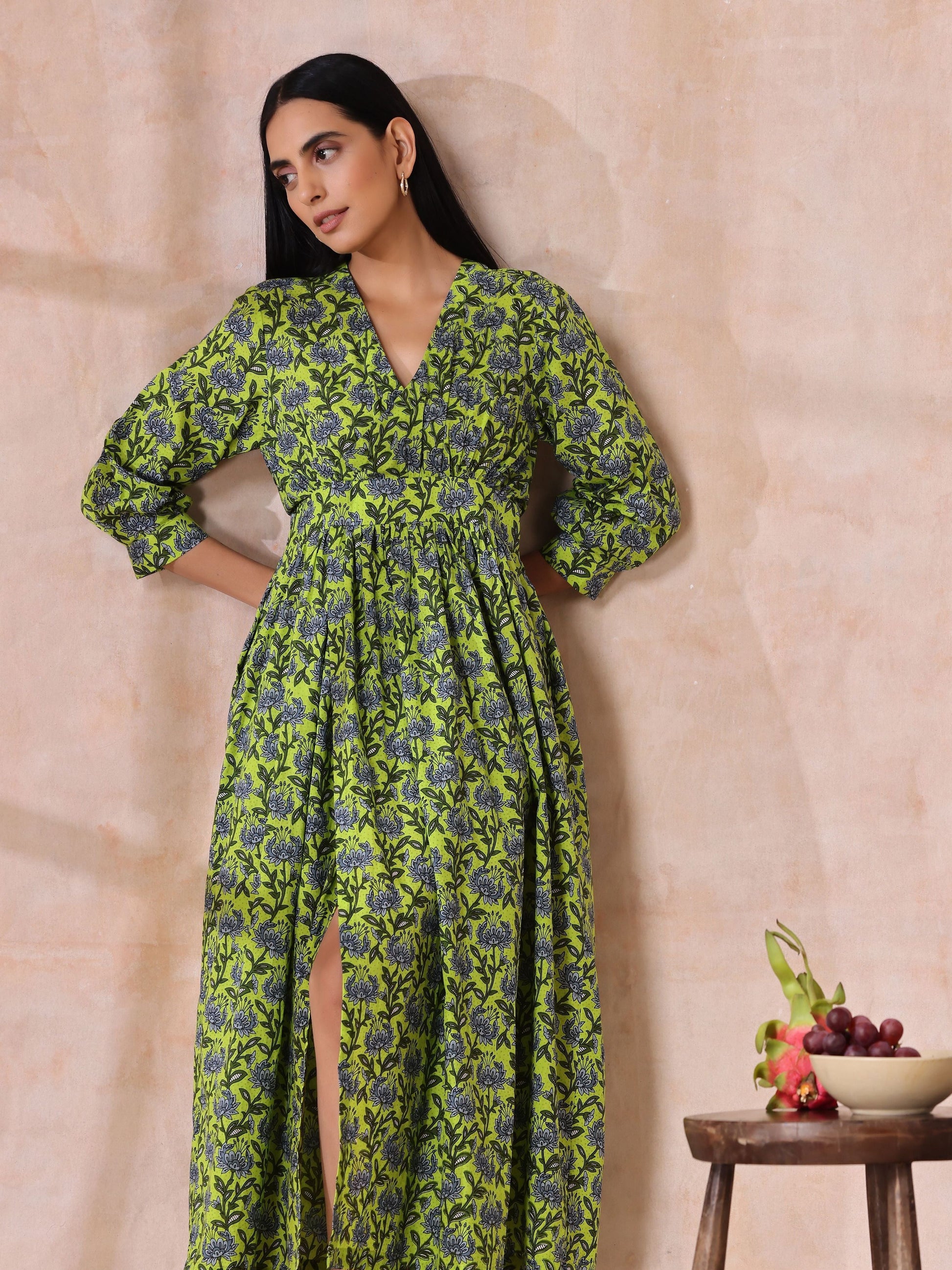 trueBrowns Lime Green Overall Blue Floral Block Print Cotton Wrap Dress | Swadesiicart
