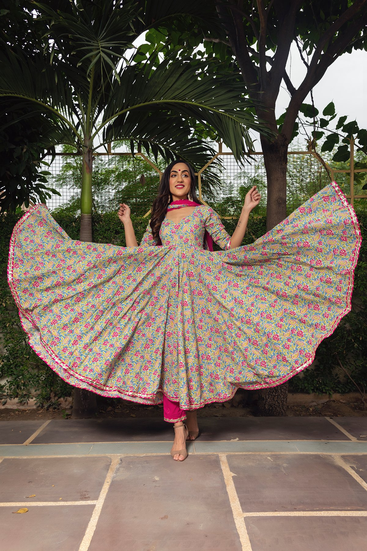 Pomcha Jaipur Jaipuri Hand Block Cotton Anarkali Set | Swadesiicart